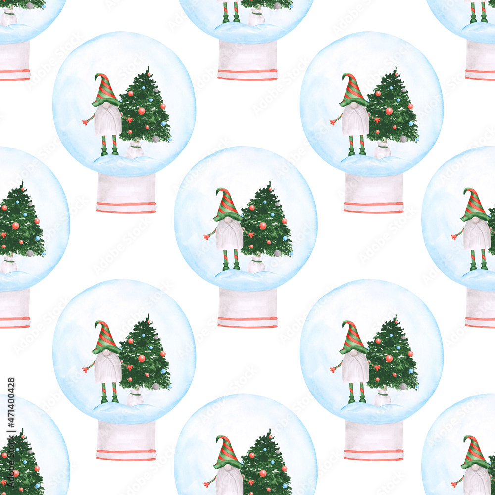 1000x1000 Christmas snow globe seamless pattern on a white background. A watercolor gnome and decorated Christmas tree in a snow globe backdrop. Winter holiday endless print. Cute wallpaper. Stock Illustration, Phone