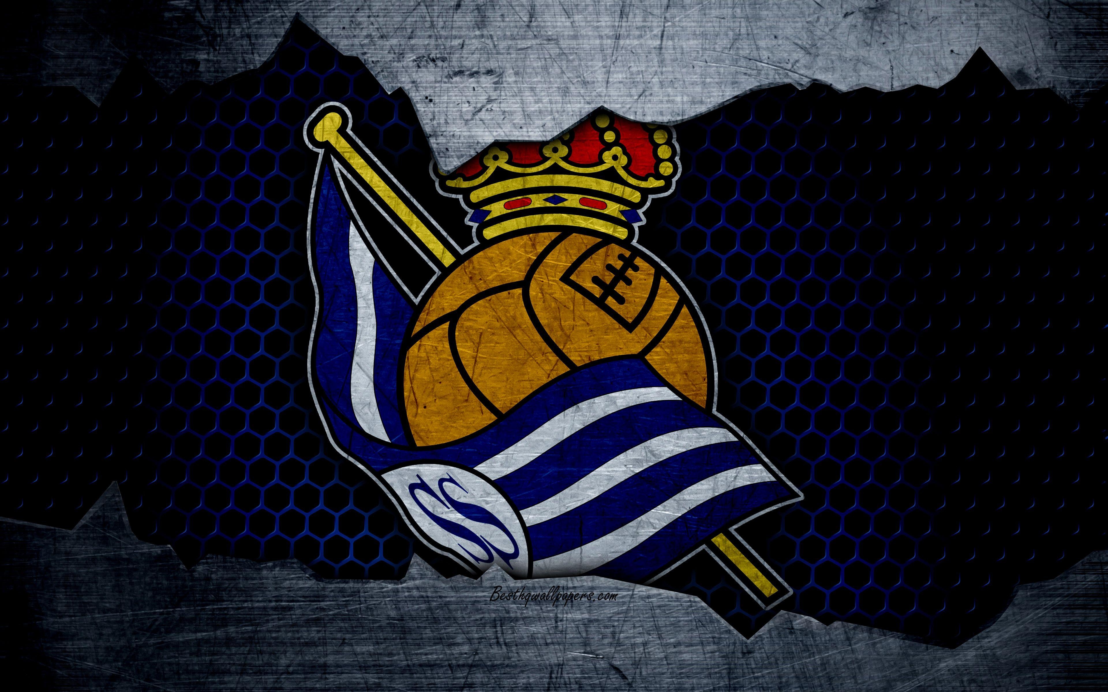 3840x2400 Download wallpaper Real Sociedad, 4k, La Liga, football, emblem, Desktop