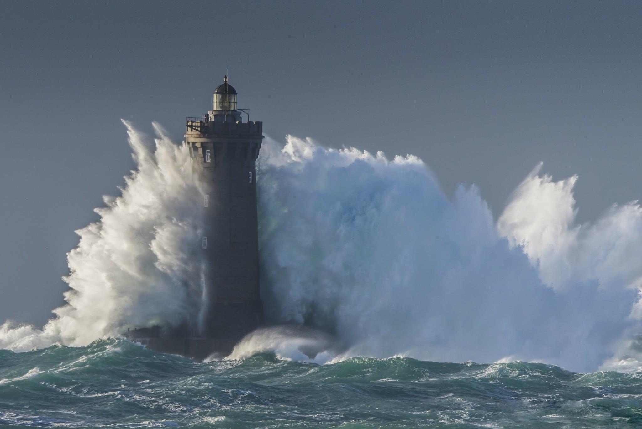 2050x1370 Black lighthouse, lighthouse, waves, water HD wallpaper, Desktop