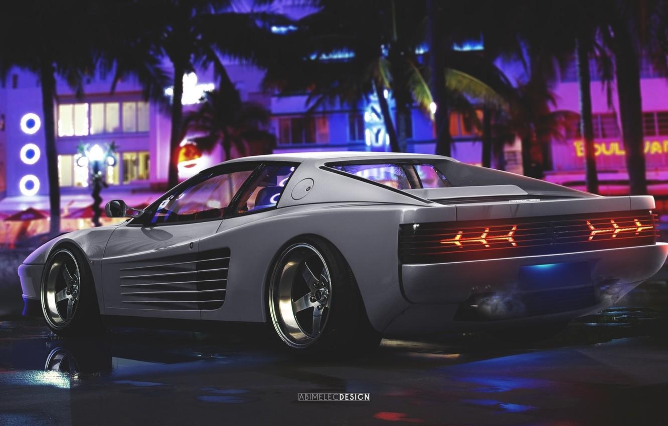 1340x850 Wallpaper Auto, Night, White, Neon, Machine, Ferrari, Sports car, Desktop