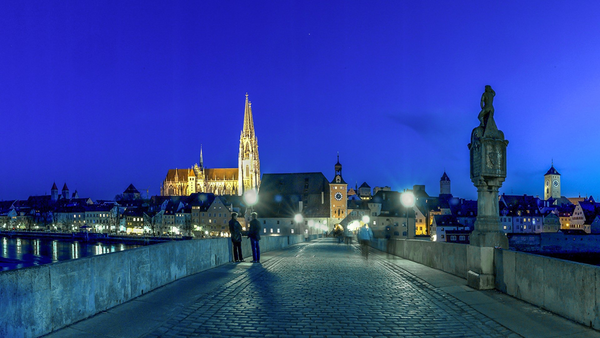 1920x1080 Wallpaper Germany Regensburg Bridges Night Street lights, Desktop