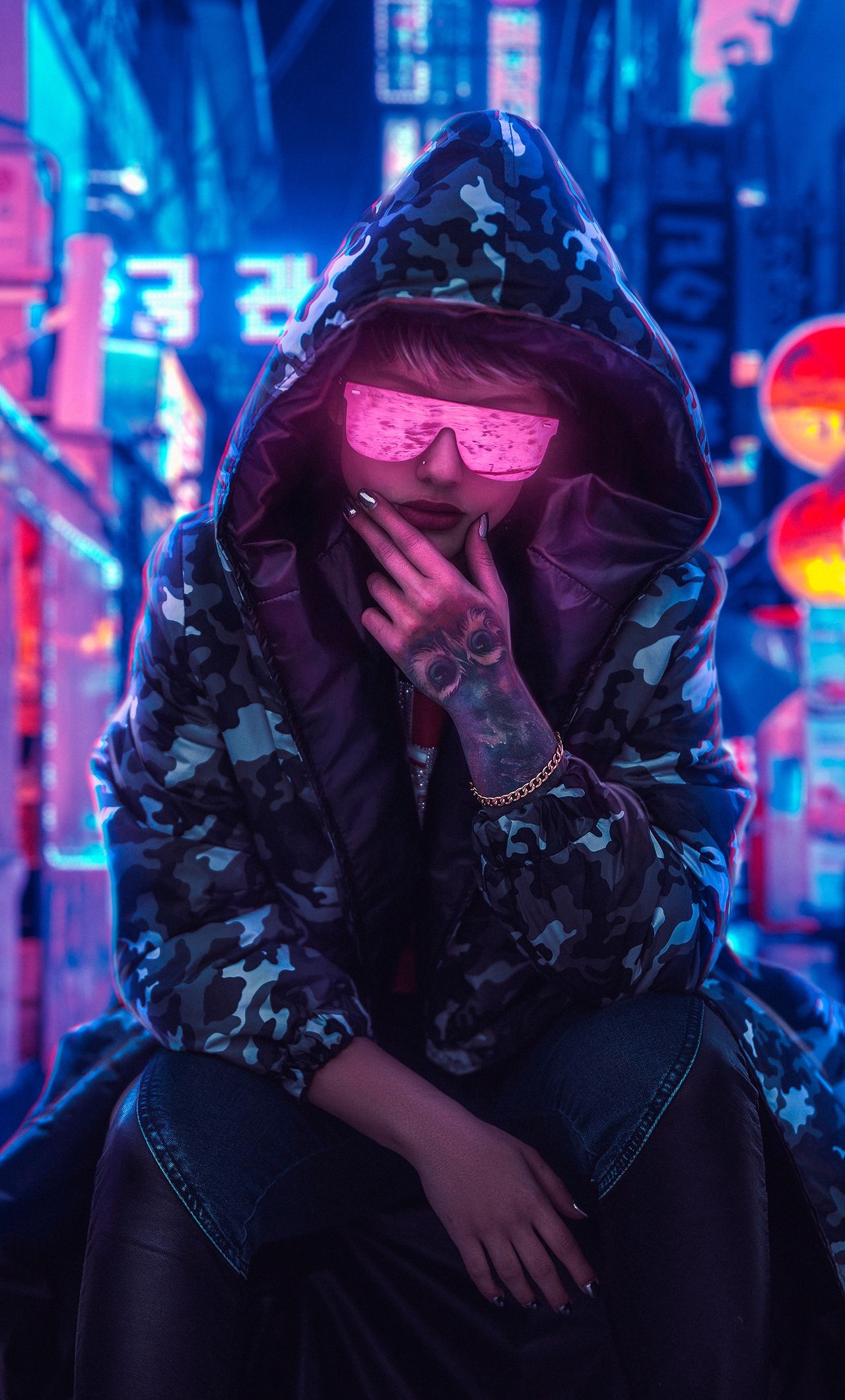 1280x2120 Neon Glasses Girl Wearing Hoodie iPhone HD 4k, Phone