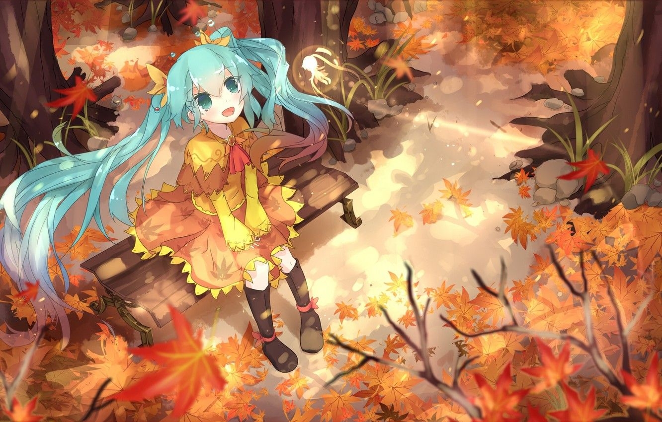 1340x850 Wallpaper autumn, leaves, girl, joy, magic, anime, art, vocaloid, hatsune miku, you image for desktop, section арт, Desktop