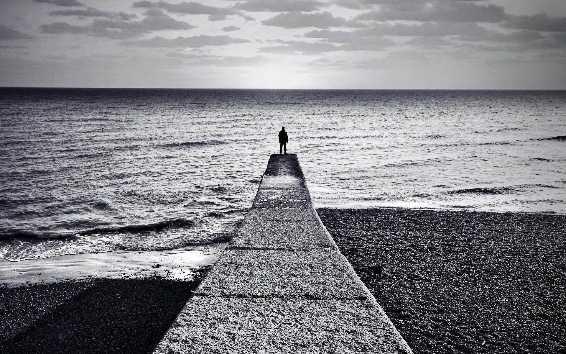 1920x1200 ocean, clouds, grayscale, sea, alone man, beaches wallpaper, Desktop