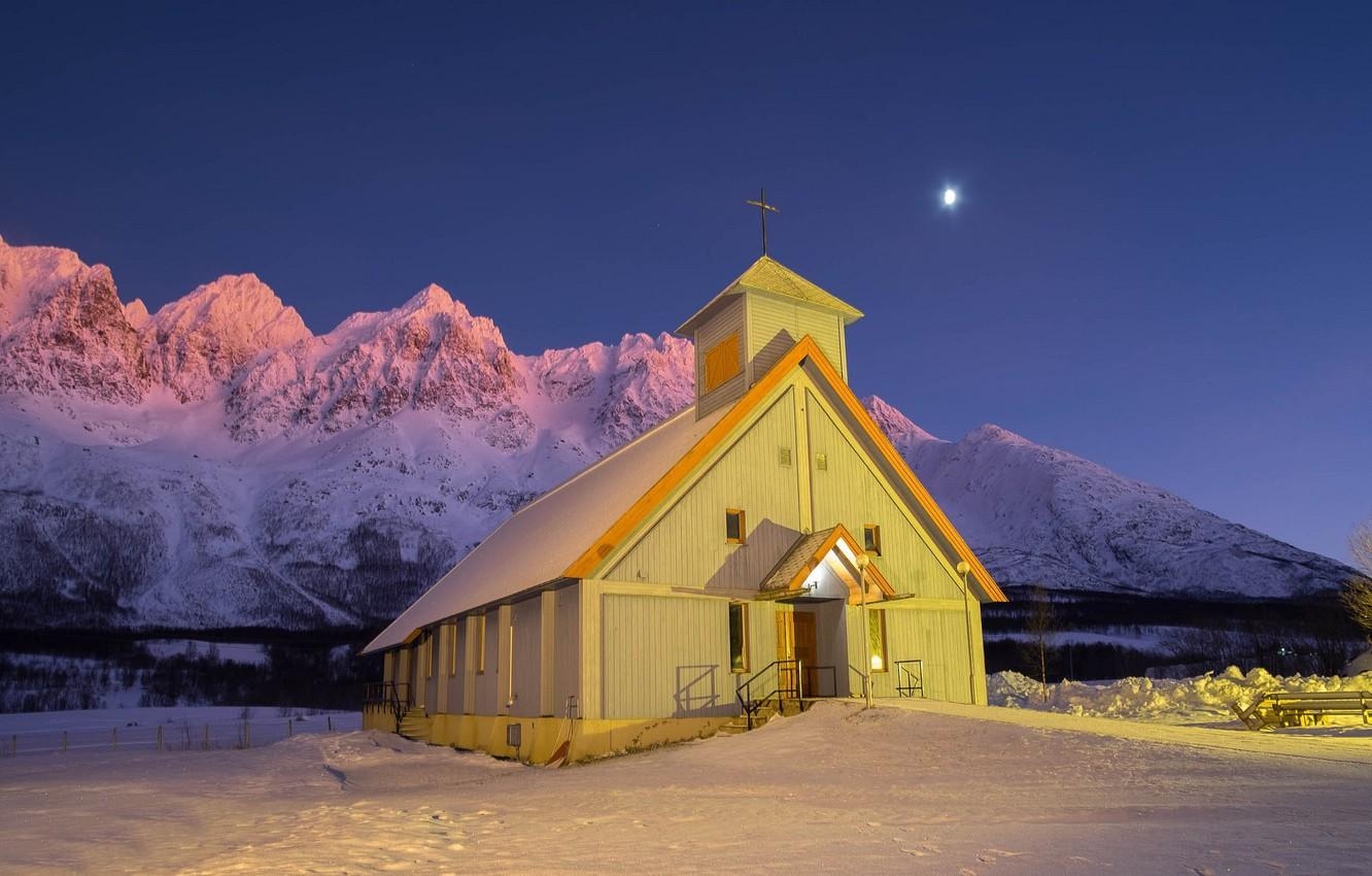 1340x850 Wallpaper winter, night, Norway, Church, Norway, Troms County, Desktop