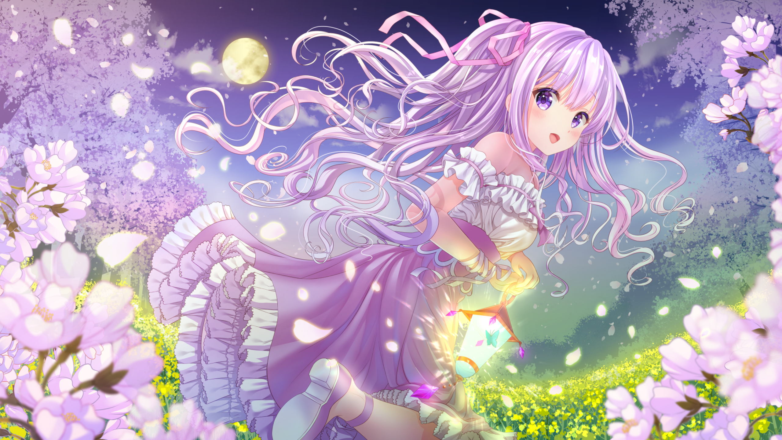 2560x1440 Download  Anime Girl, Purple Hair, Moon, Petals, Blossom, Dress, Smiling Wallpaper for iMac 27 inch, Desktop