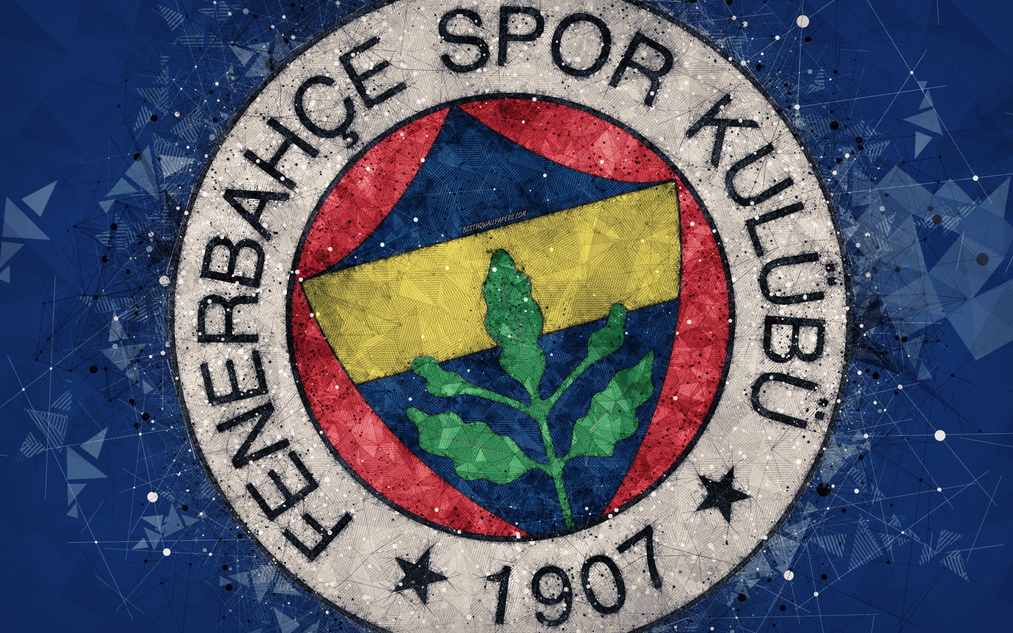 3840x2400 Download wallpaper Fenerbahce SK, 4k, logo, creative art, Turkish football club, geometric art, grunge style, blue abstract background, Istanbul, Turkey, Super Lig, football, Fenerbahce FC for desktop with resolution. High Quality, Desktop