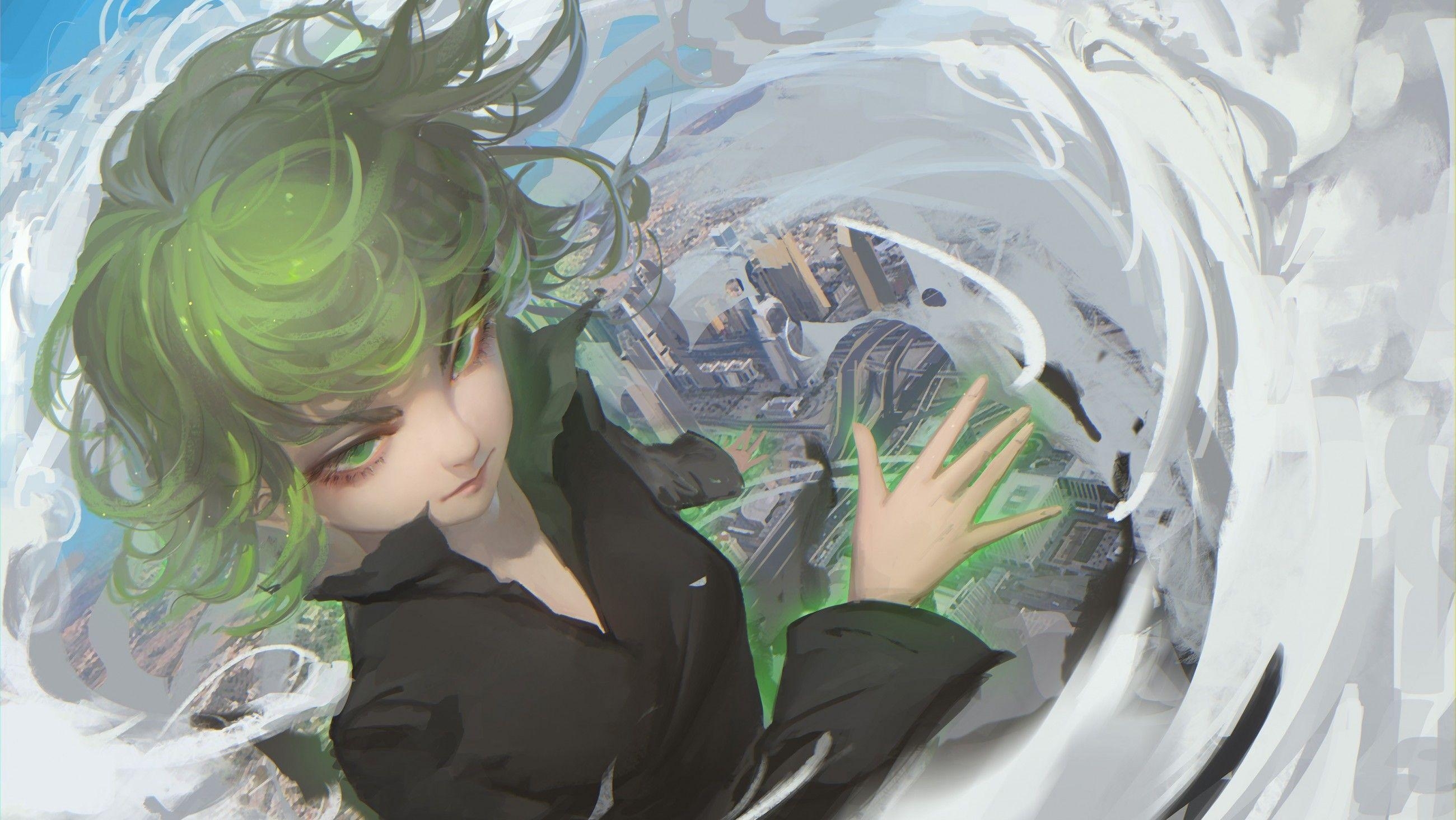 2600x1470 Download  One Punch Man, Tatsumaki, Sky, Clouds, Green Hair, Desktop