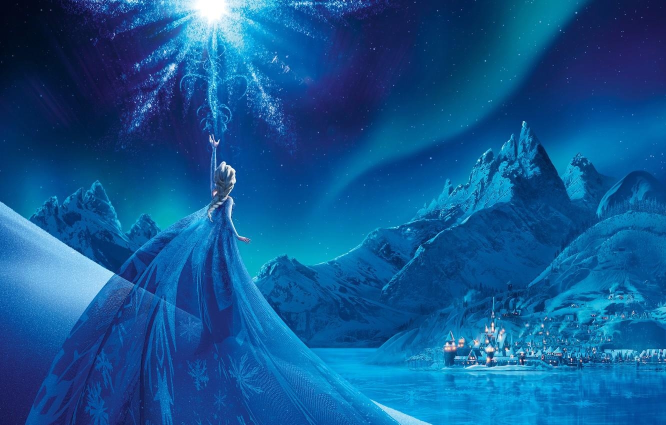 1340x850 Wallpaper Girl, City, Light, Frozen, Disney, Fantasy, Sky, Beautiful, Stars, Blue, Winter, Frost, Anna, big, Night, Snow image for desktop, section фильмы, Desktop