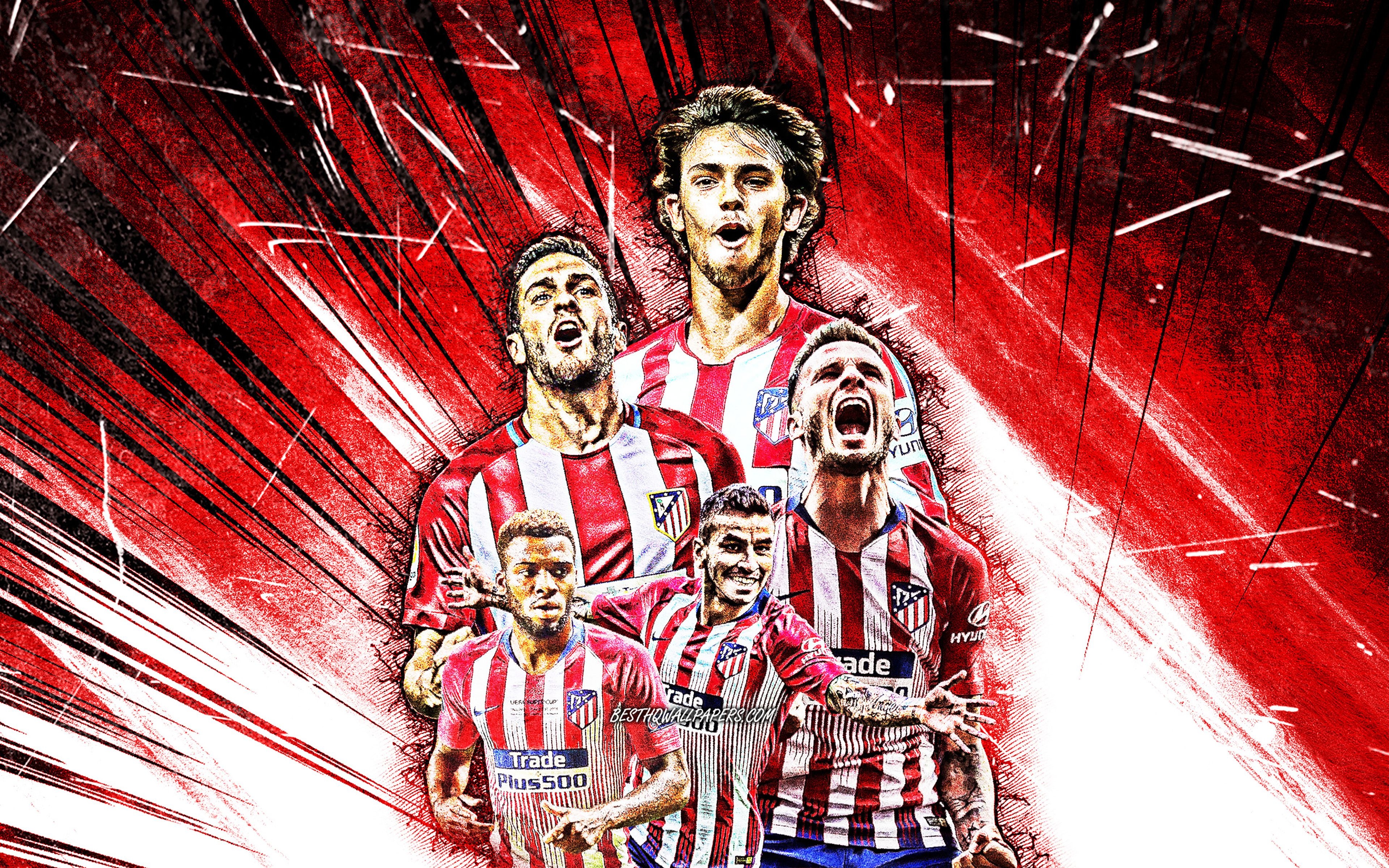 3840x2400 Download wallpaper 4k, Joao Felix, Saul Niguez, Marcos Llorente, Thomas Partey, Angel Correa, grunge art, Atletico Madrid FC, La Liga, football stars, LaLiga, Atletico Madrid team, red abstract rays, soccer, Atletico Madrid, Desktop