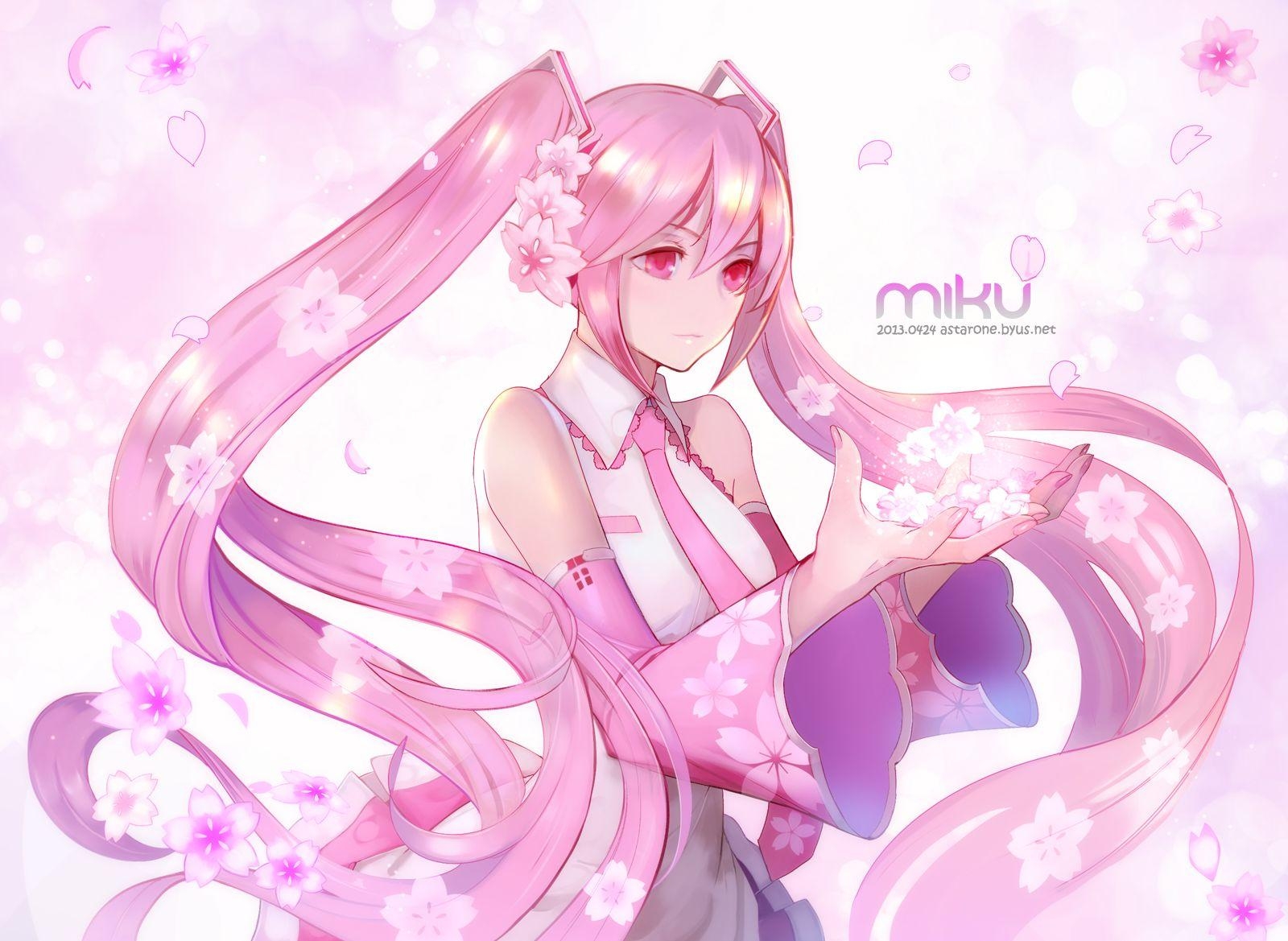 1600x1170 Astarone cherry blossoms hatsune miku long hair petals pink eyes, Desktop