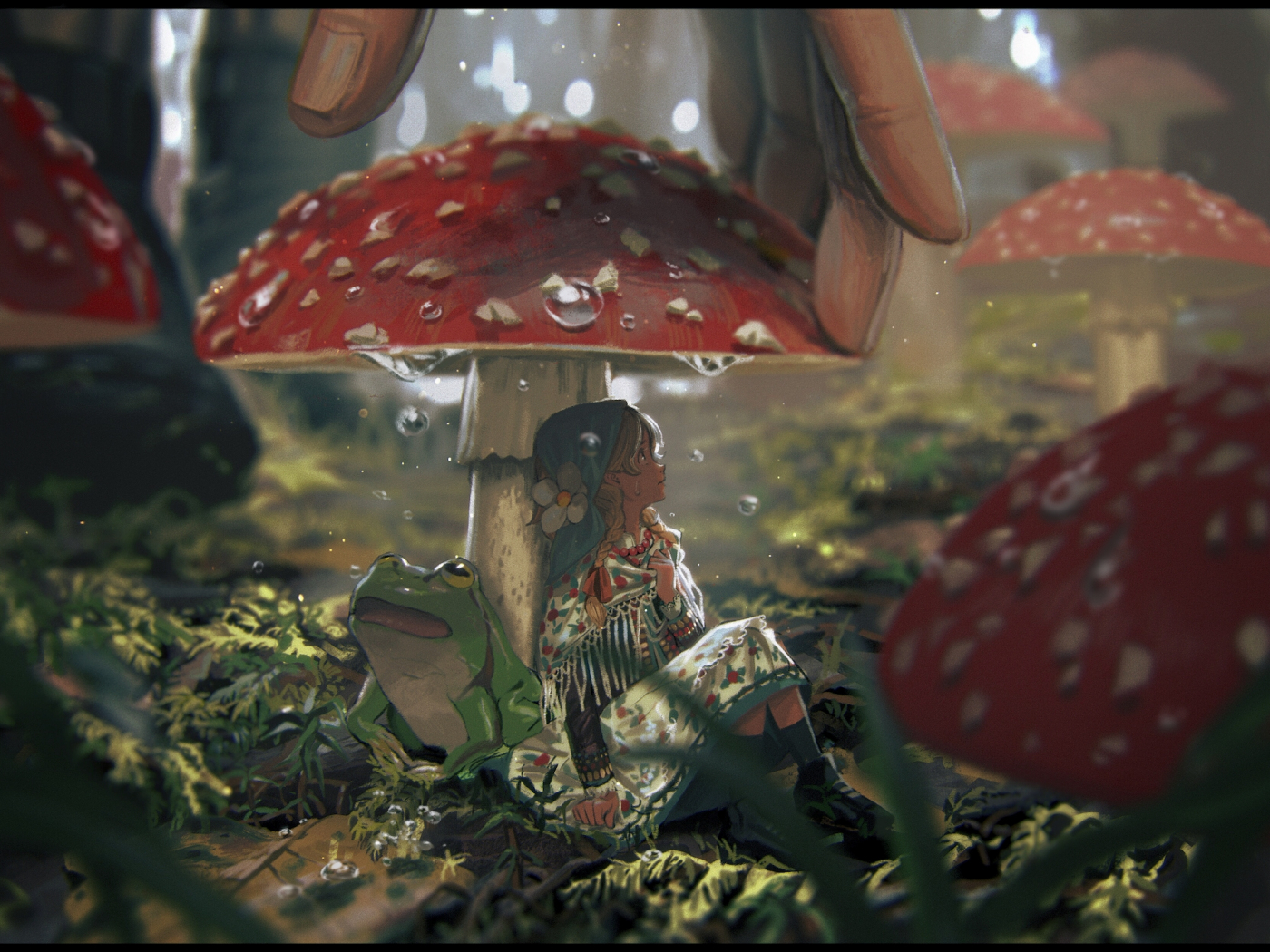 1400x1050 Desktop Wallpaper Small Girl, Frog, Mushroom, Fantasy Art, HD Image, Picture, Background, 76htee, Desktop