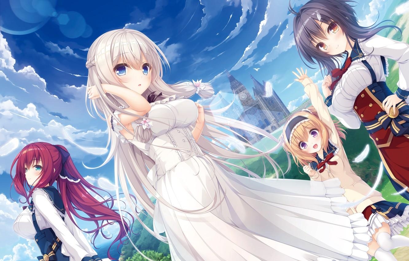 1340x850 Wallpaper kawaii, girl, fantasy, sky, dress, landscape, anime, Desktop