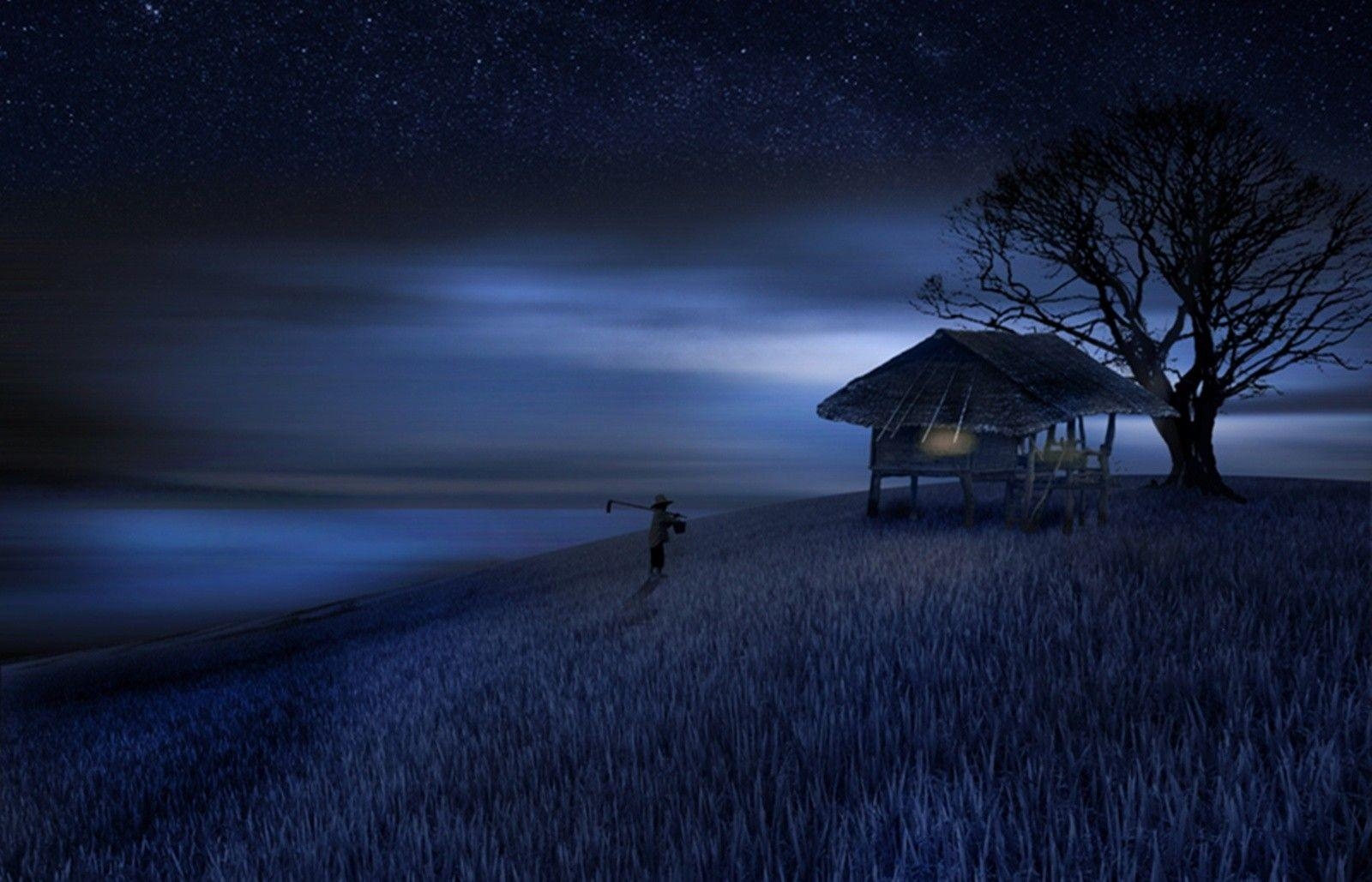 1600x1030 Life Blue Field Moon House Night Tree Man Strawberry Fields, Desktop