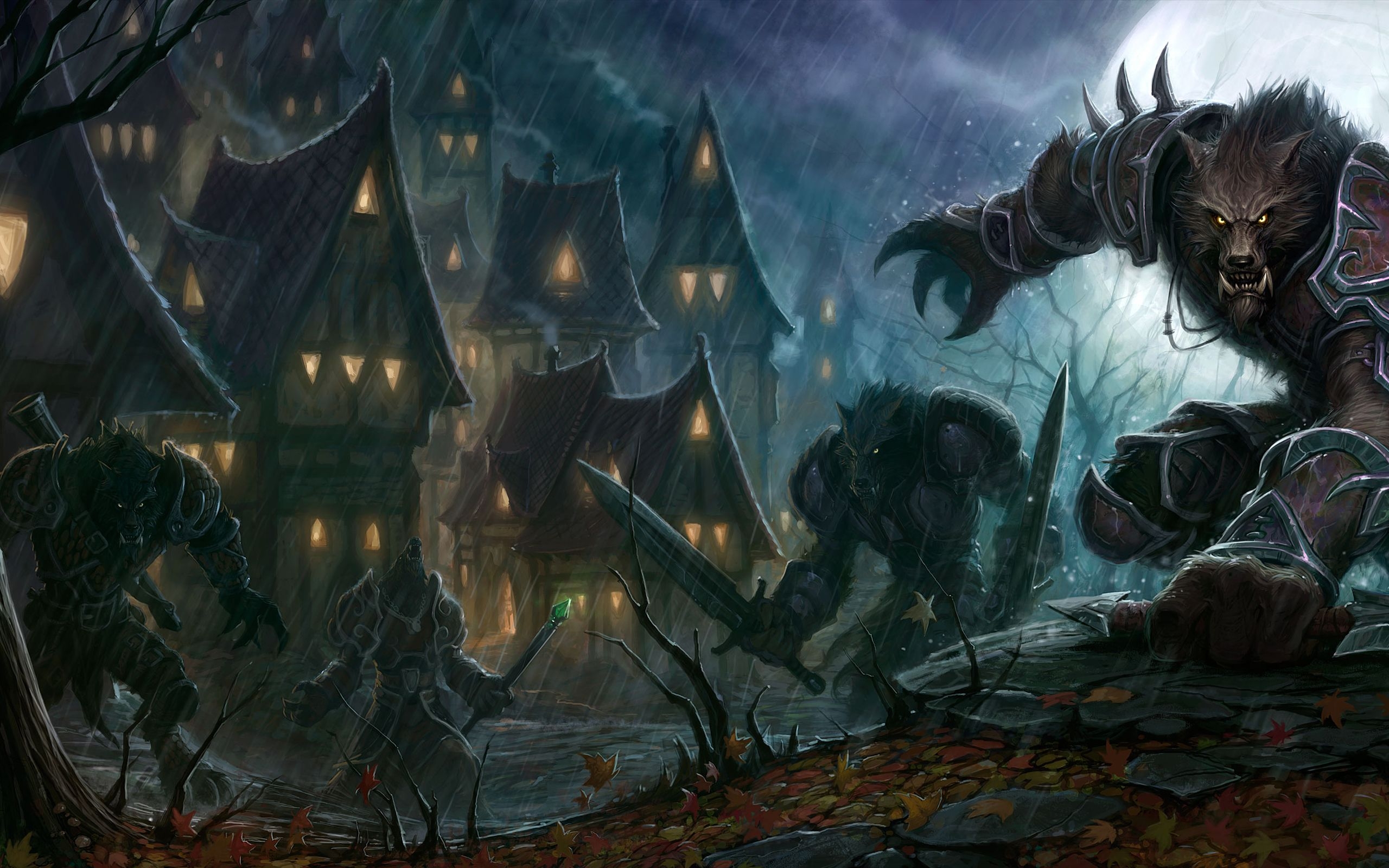 2560x1600 rain, World of Warcraft, houses, moonlight, armor, swords, werewolves wallpaper, Desktop