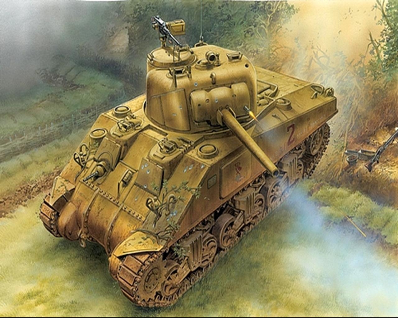 1280x1030 Army Tanks 75mm Painting Art M4 Sherman, Desktop