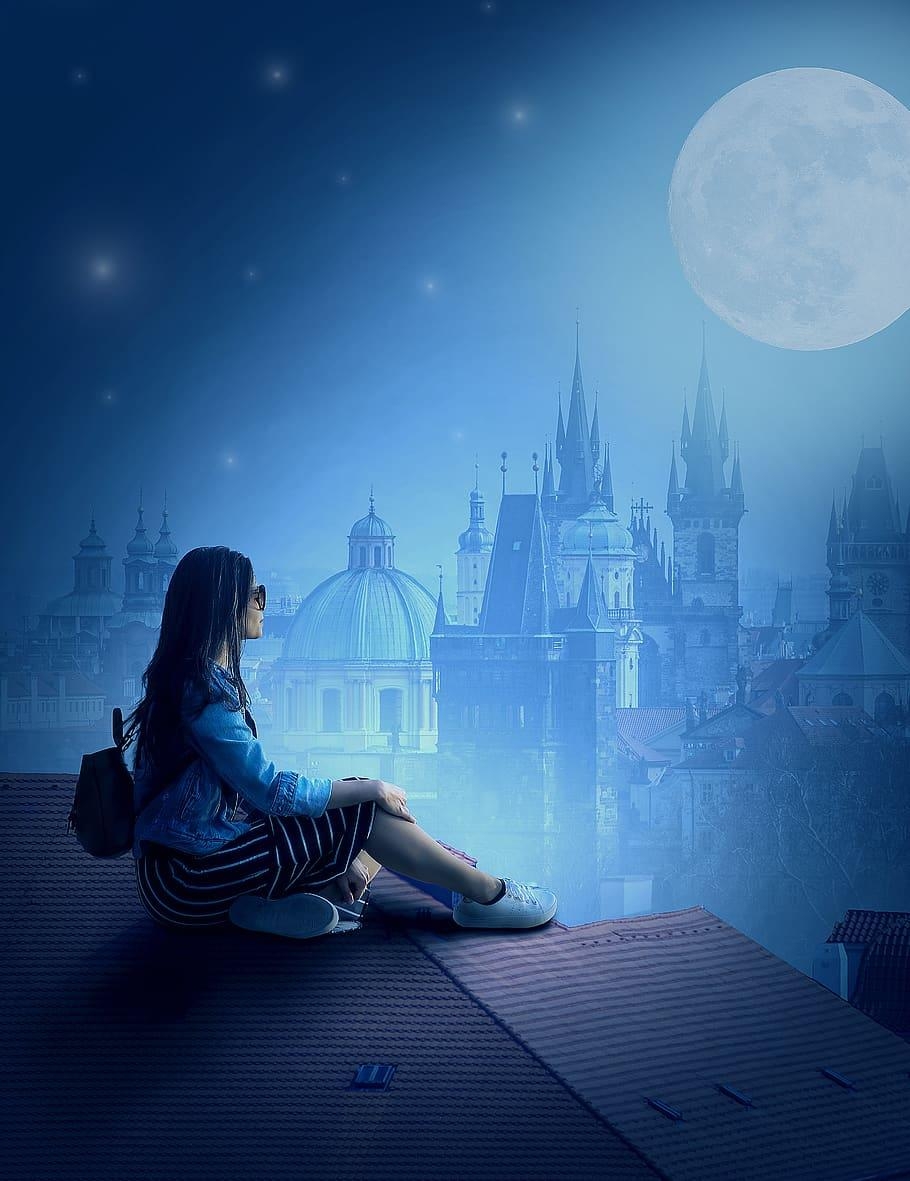 910x1190 HD wallpaper: prague, moon, girl, women, darkness, Phone