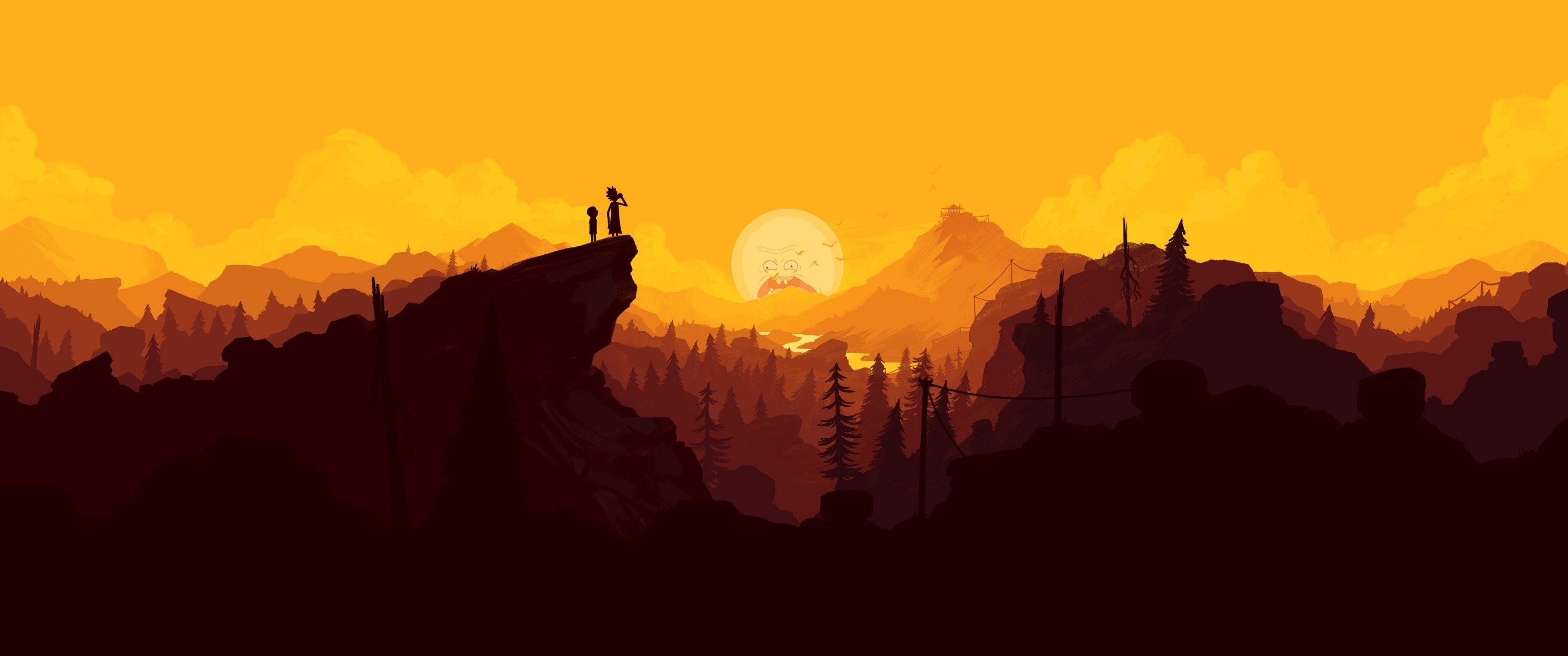 3440x1440 Download  Firewatch, Silhouette, Mountain, Minimal, Sun, Dual Screen