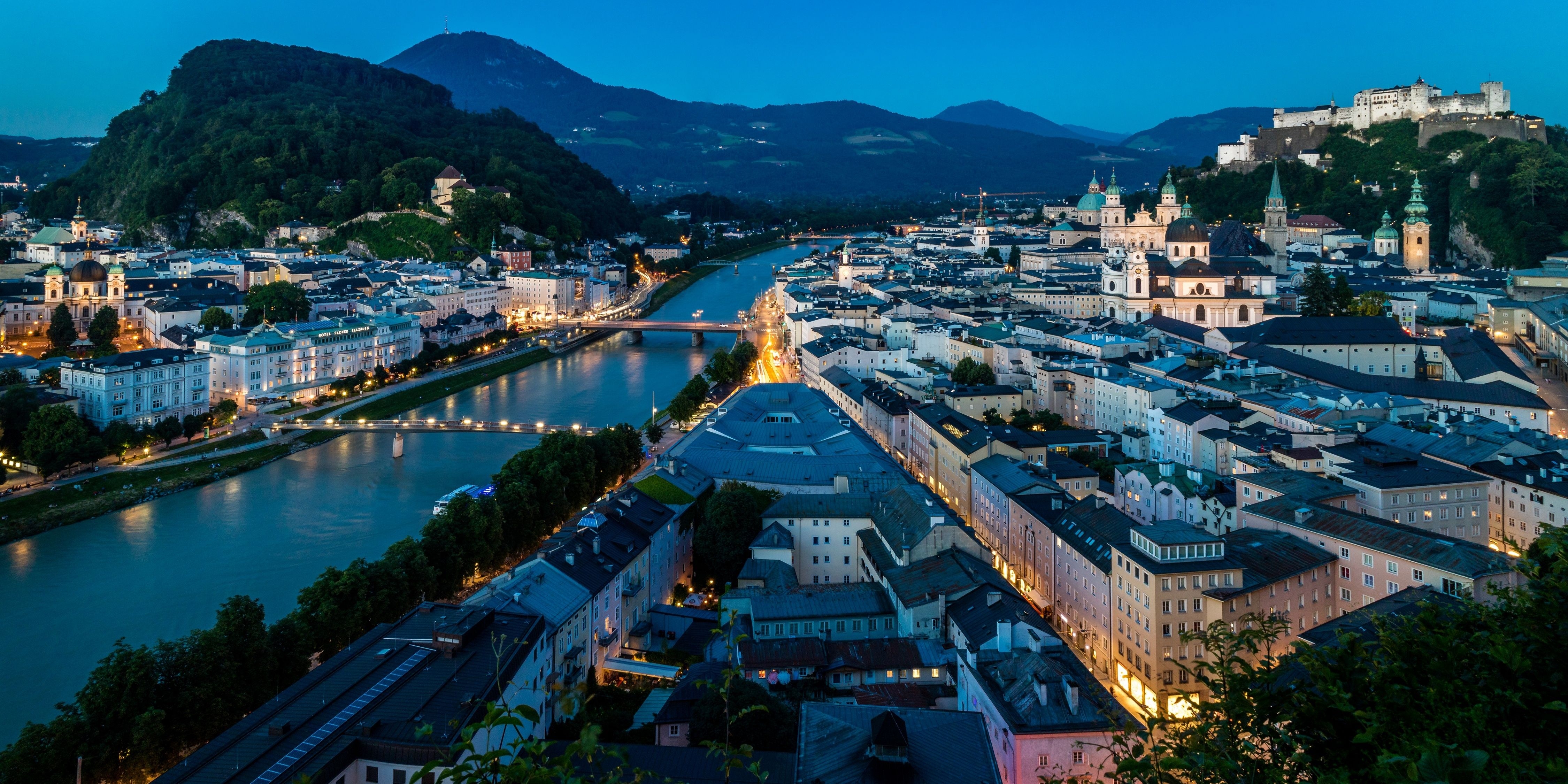 4500x2250 Wallpaper Salzburg, Austria, night, bridges, river City, nature, Dual Screen