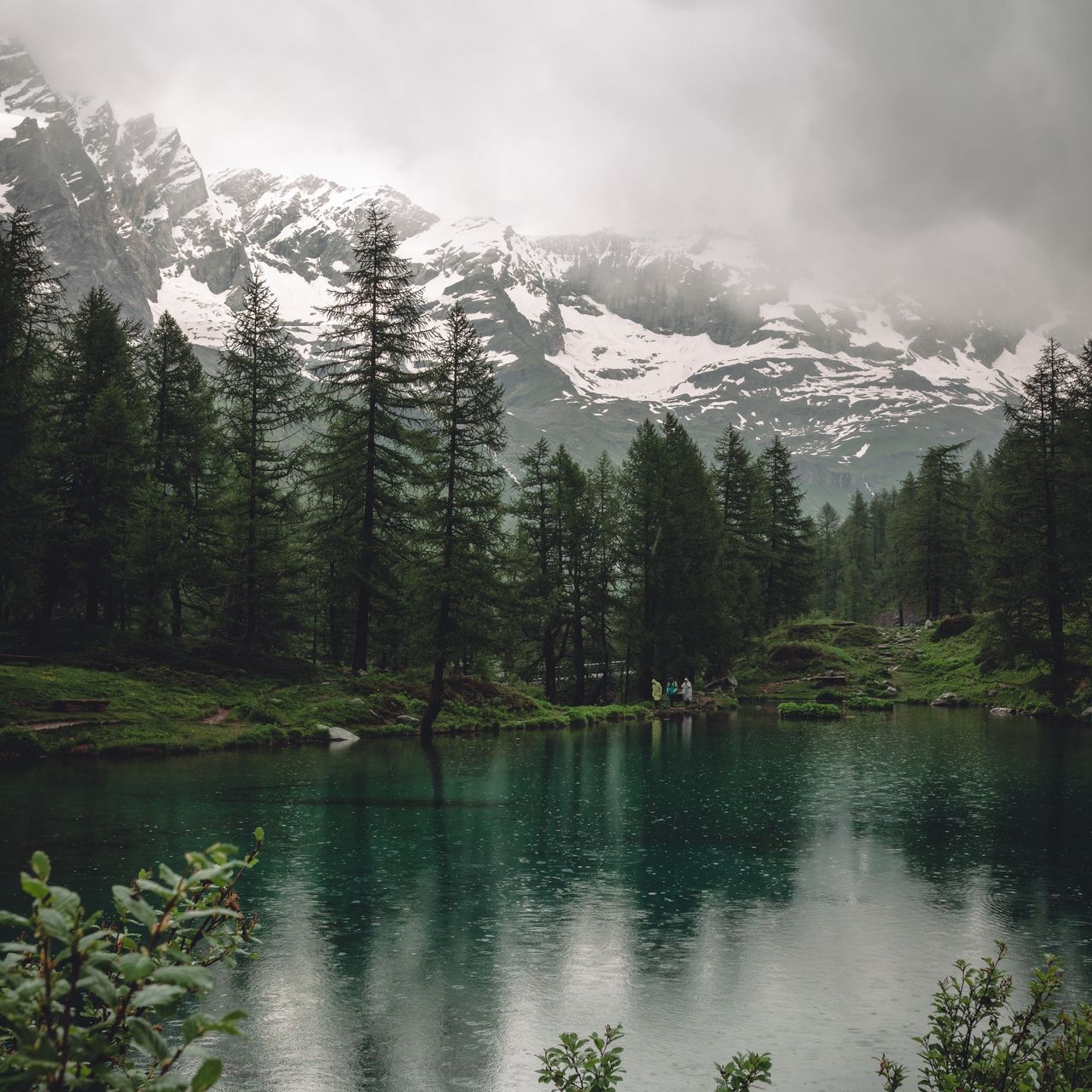 1280x1280 Download wallpaper  lake, mountains, trees, rain, nature ipad, ipad ipad mini for parallax HD background, Phone