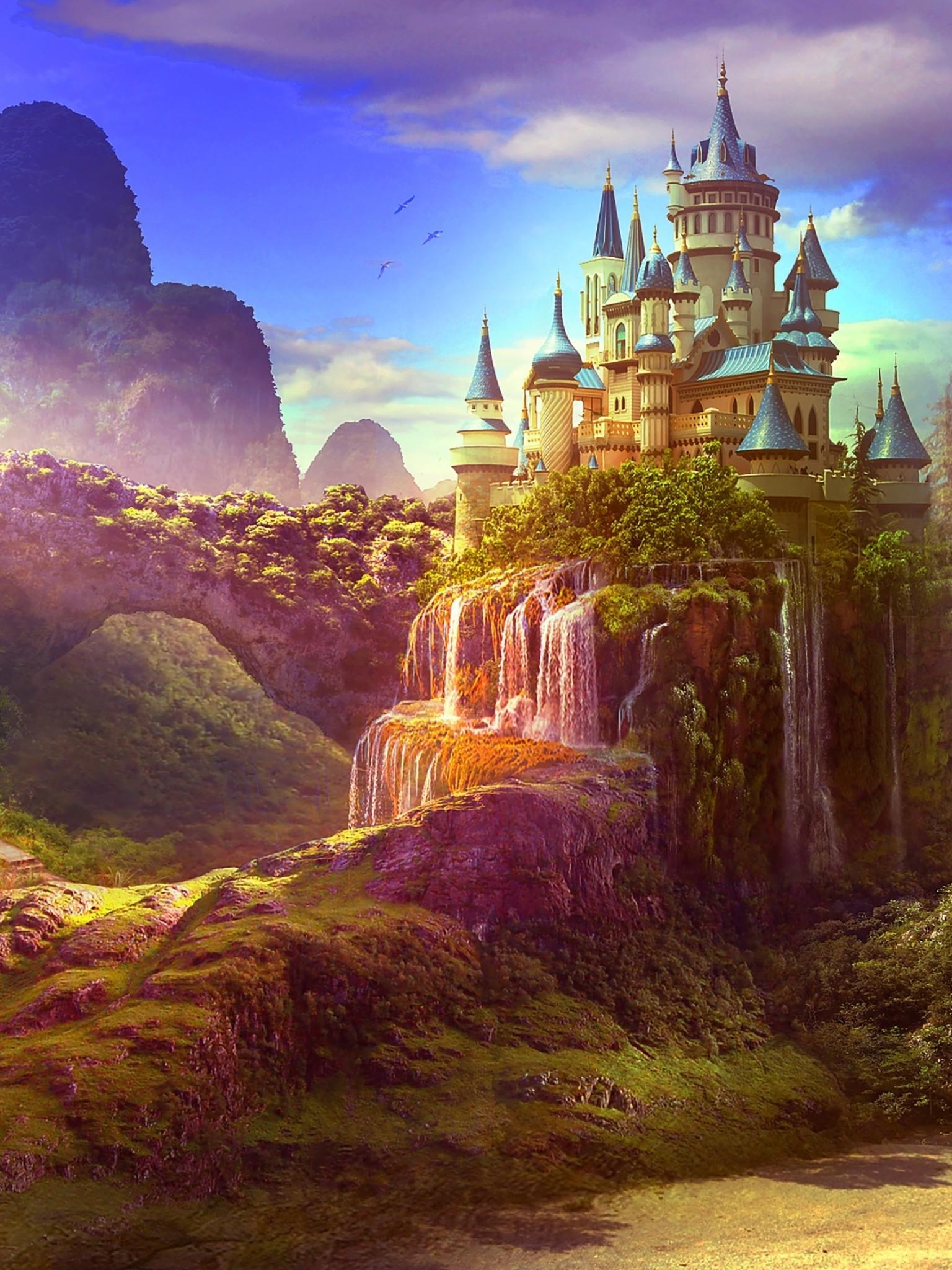 1540x2050 Download  Fantasy Castle, Waterfall, Paradise, Heaven, Phone