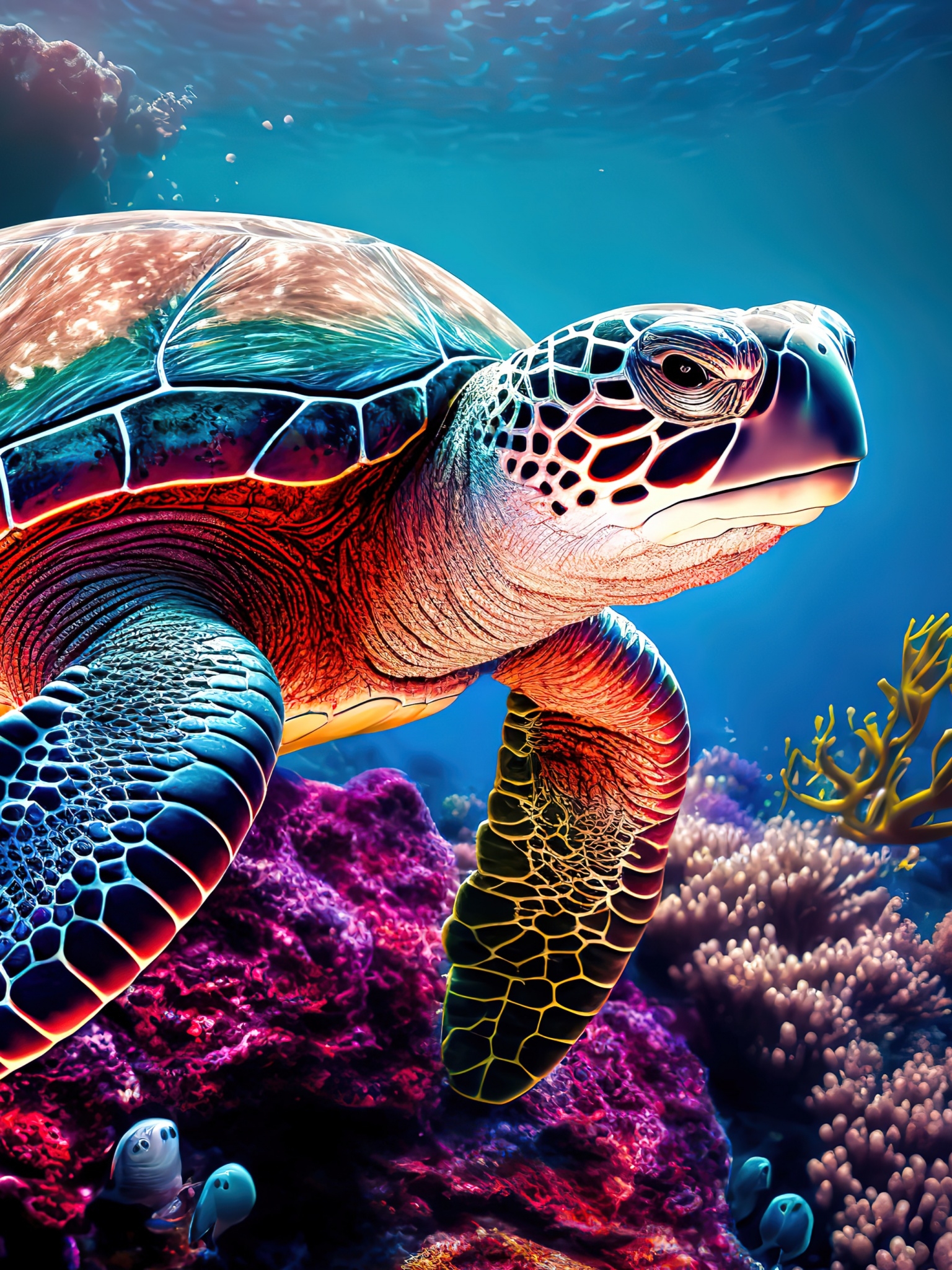 1540x2050 Sea Turtle Wallpaper 4K, AI art, Coral reef, Colorful, Phone