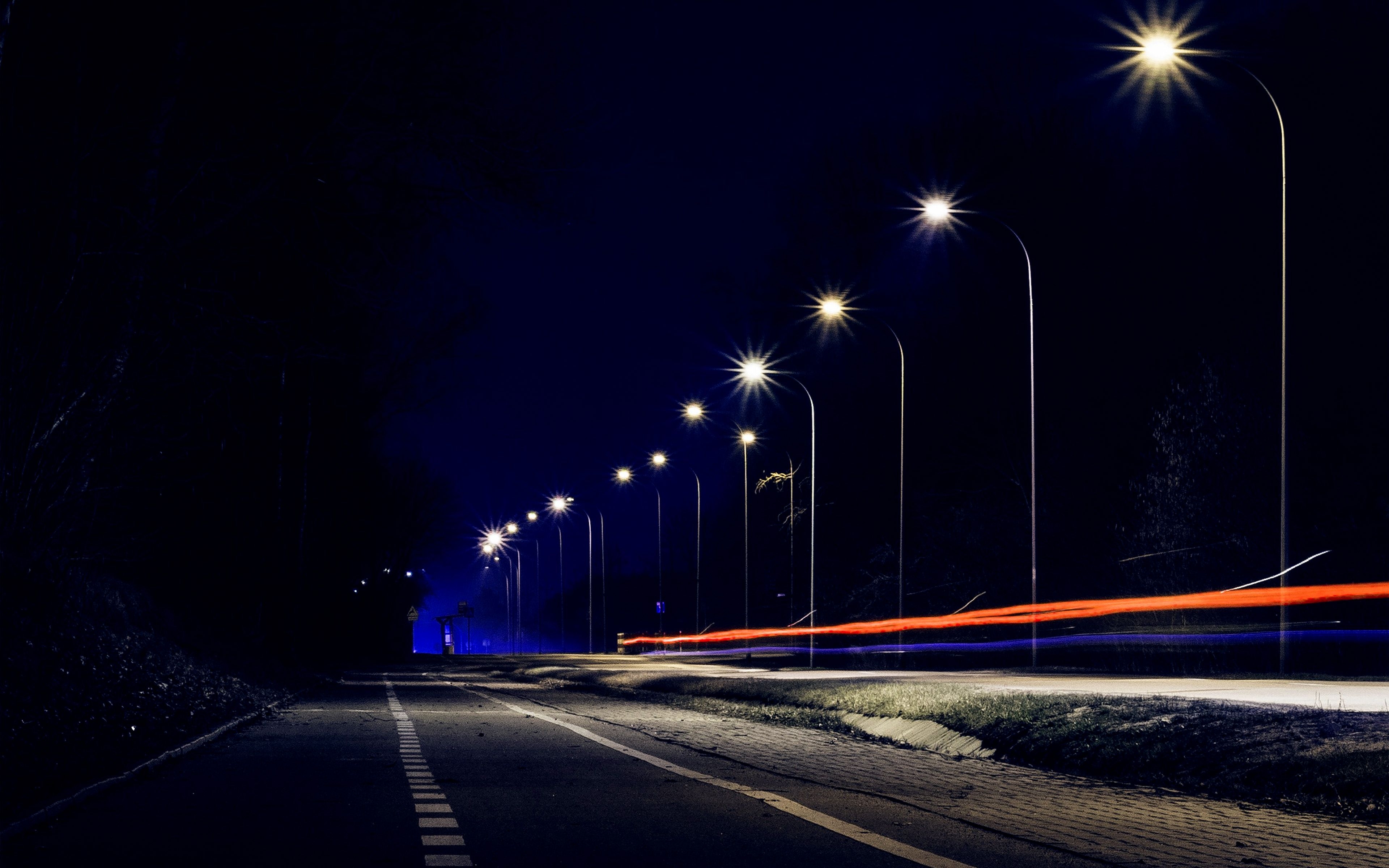 3840x2400 Street Lights Dark Night Car City Blue Wallpaper, Desktop