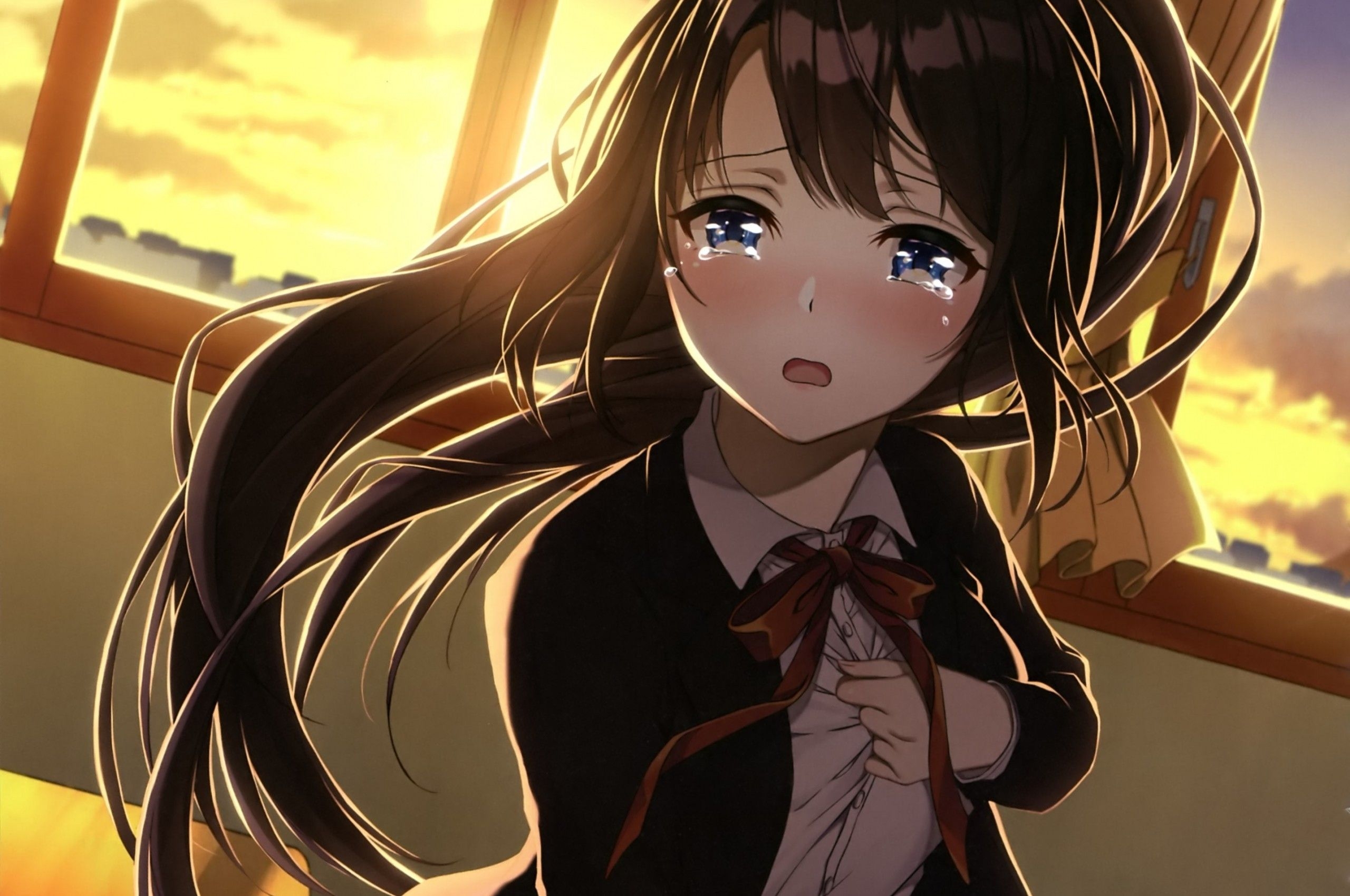 2560x1700 Download  Anime Girl, Crying, Classroom, Sad Face, Brown Hair, School Uniform, Sunset Wallpaper for Chromebook Pixel, Desktop