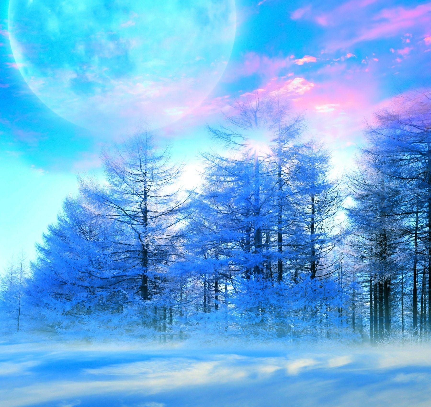 1800x1700 Winter: Winter Sky Nature Trees Snow Moon Beautiful Blue Mist Pink, Desktop