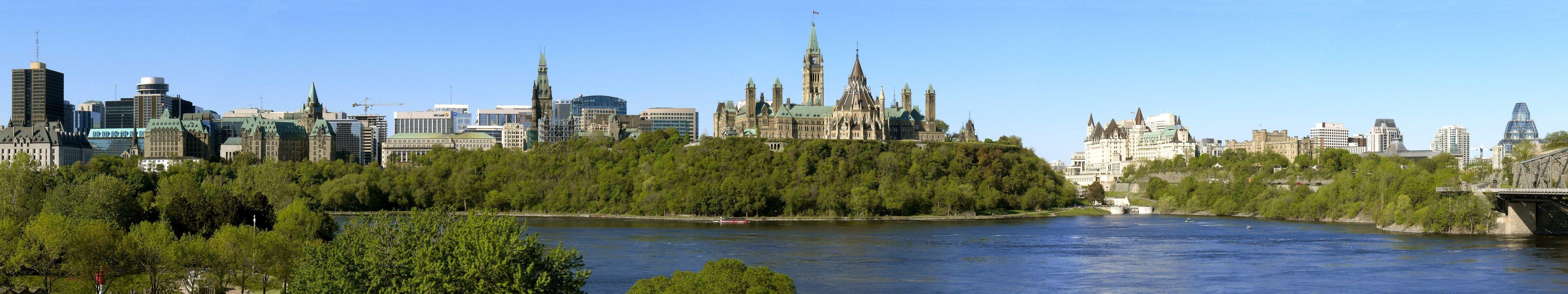 5760x1080 Canada, North America, City, Cathedral, River, Water, Sky, Trees, Dual Screen