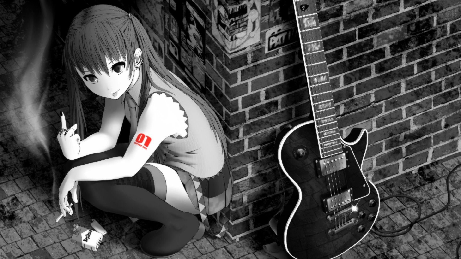 1920x1080 Tattoos smoking black and white vocaloid hatsune miku smoke tie skirts long hair rings tongue pierci Art Tattoos HD Wallpaper guitars sadic anime manga music humor funny bricks art women female girls, Desktop