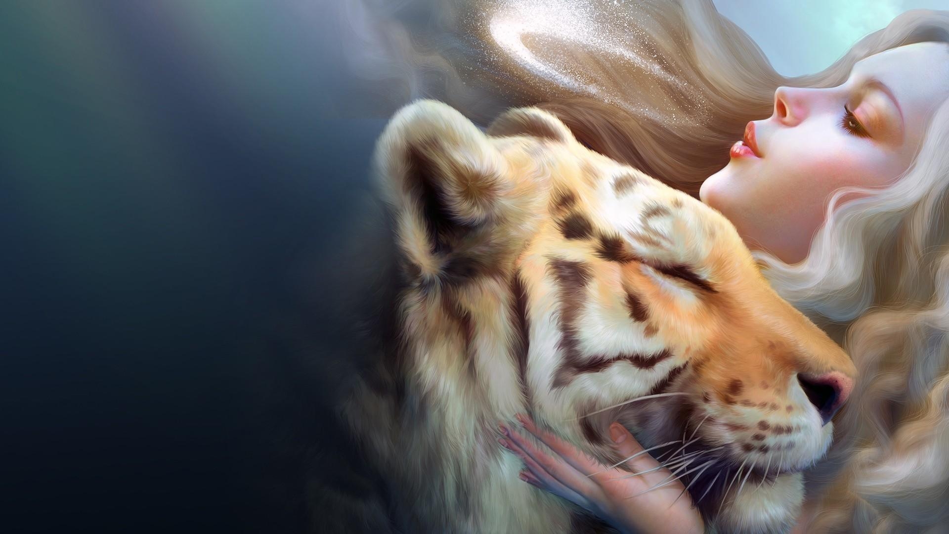 1920x1080 fantasy, Animal, Cg, Digital, Art, Tiger, Women, Love, Mood, Desktop