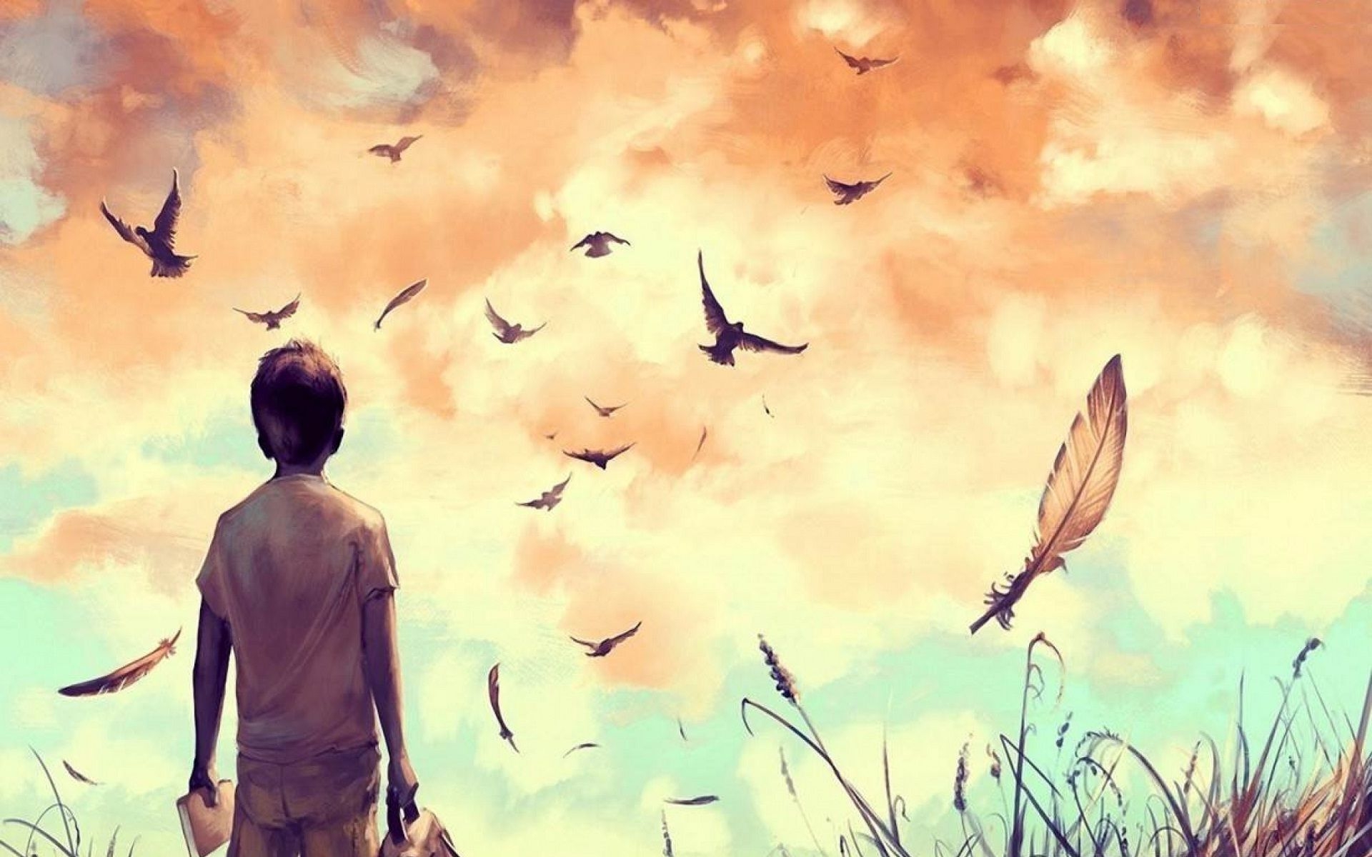 1920x1200 Alone boy and birds flying painting. HD Wallpaper Rocks, Desktop