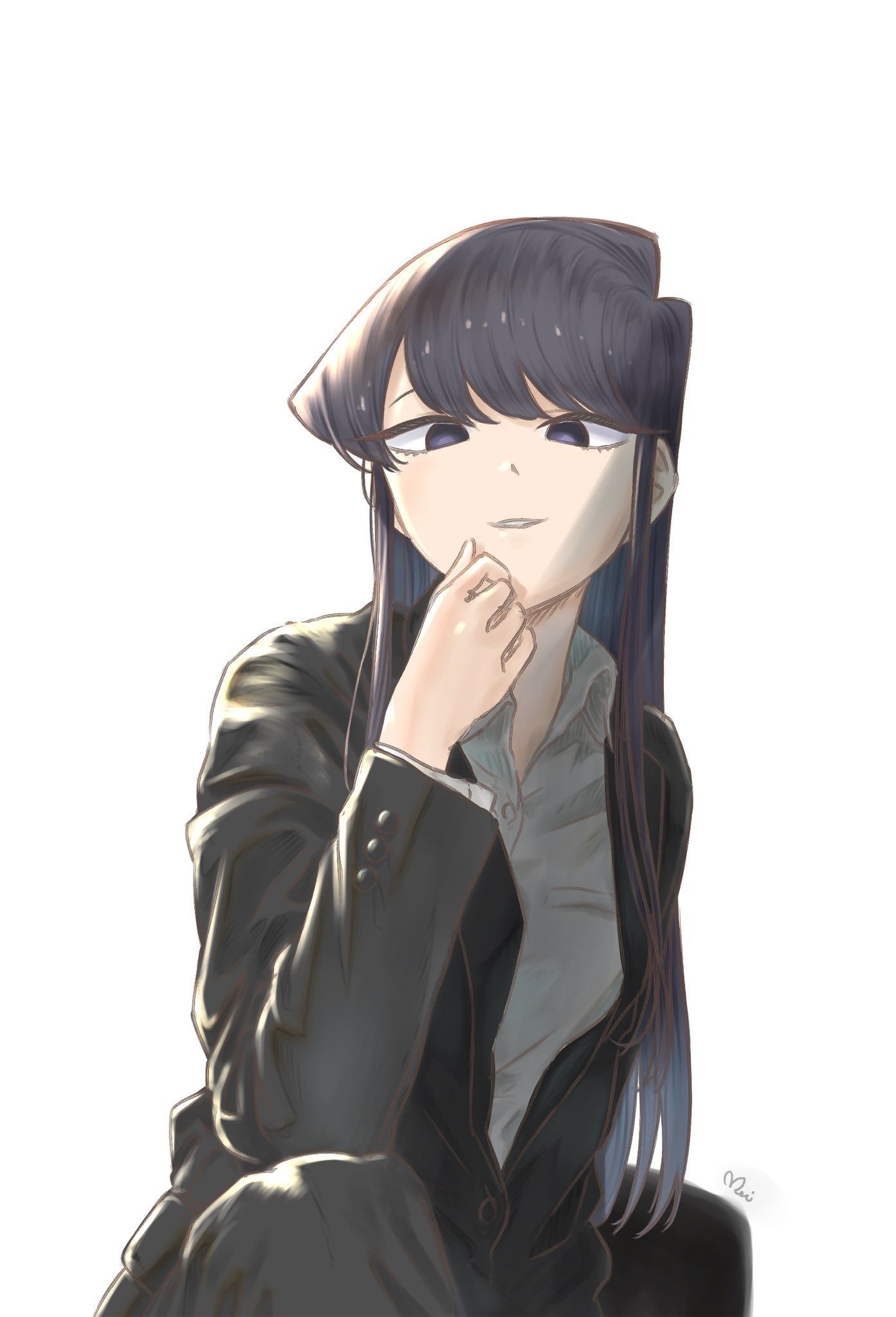 1400x2050 Wallpaper, Komi san wa Comyushou desu, small boobs, black suit, black clothing, long hair, 2D, anime girls, smiling, Komi Shouko, simple background, vertical, black hair, looking at viewer, black eyes, hand, Phone