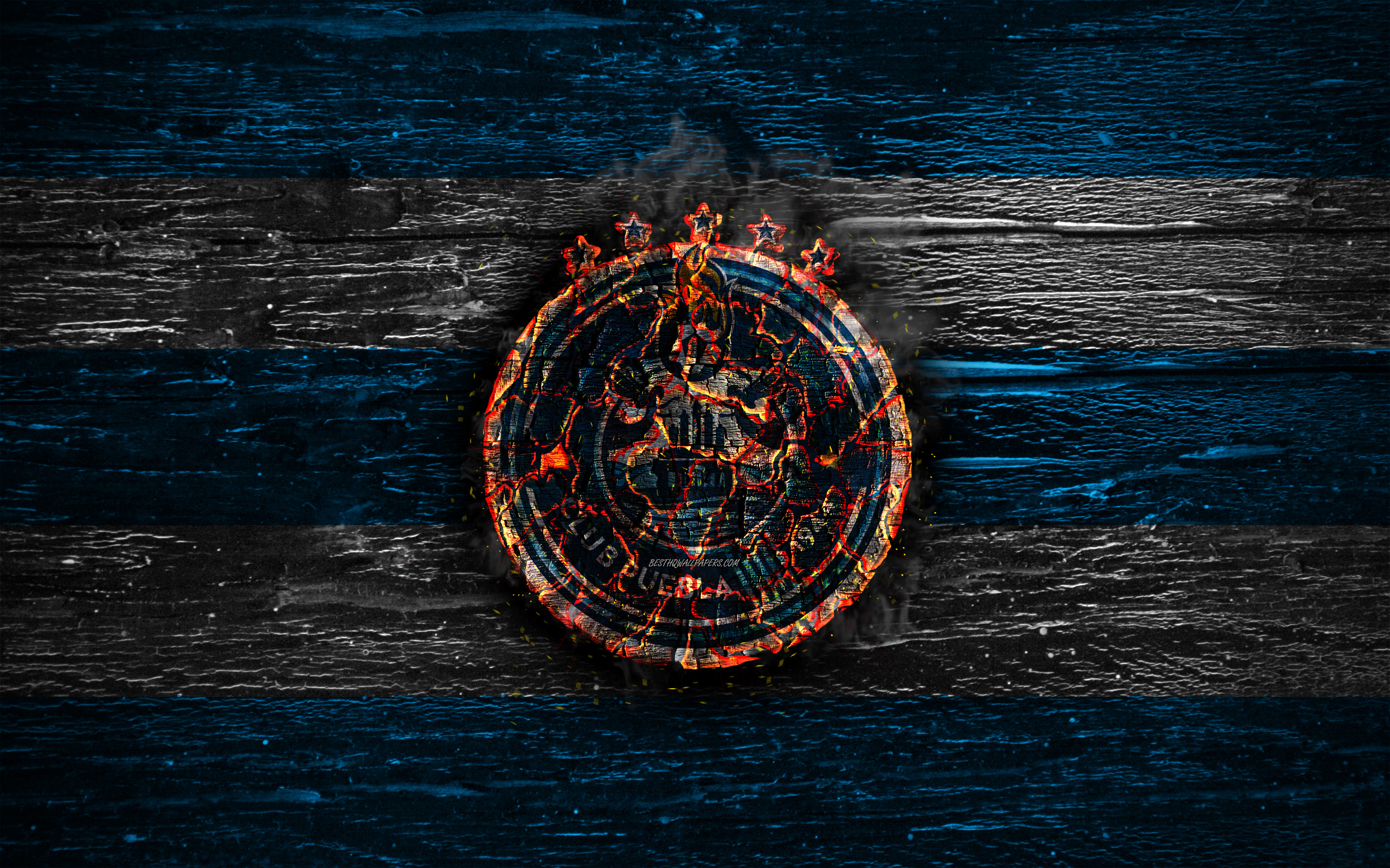 2880x1800 Download wallpaper Puebla FC, fire logo, Liga MX, blue and white, Desktop