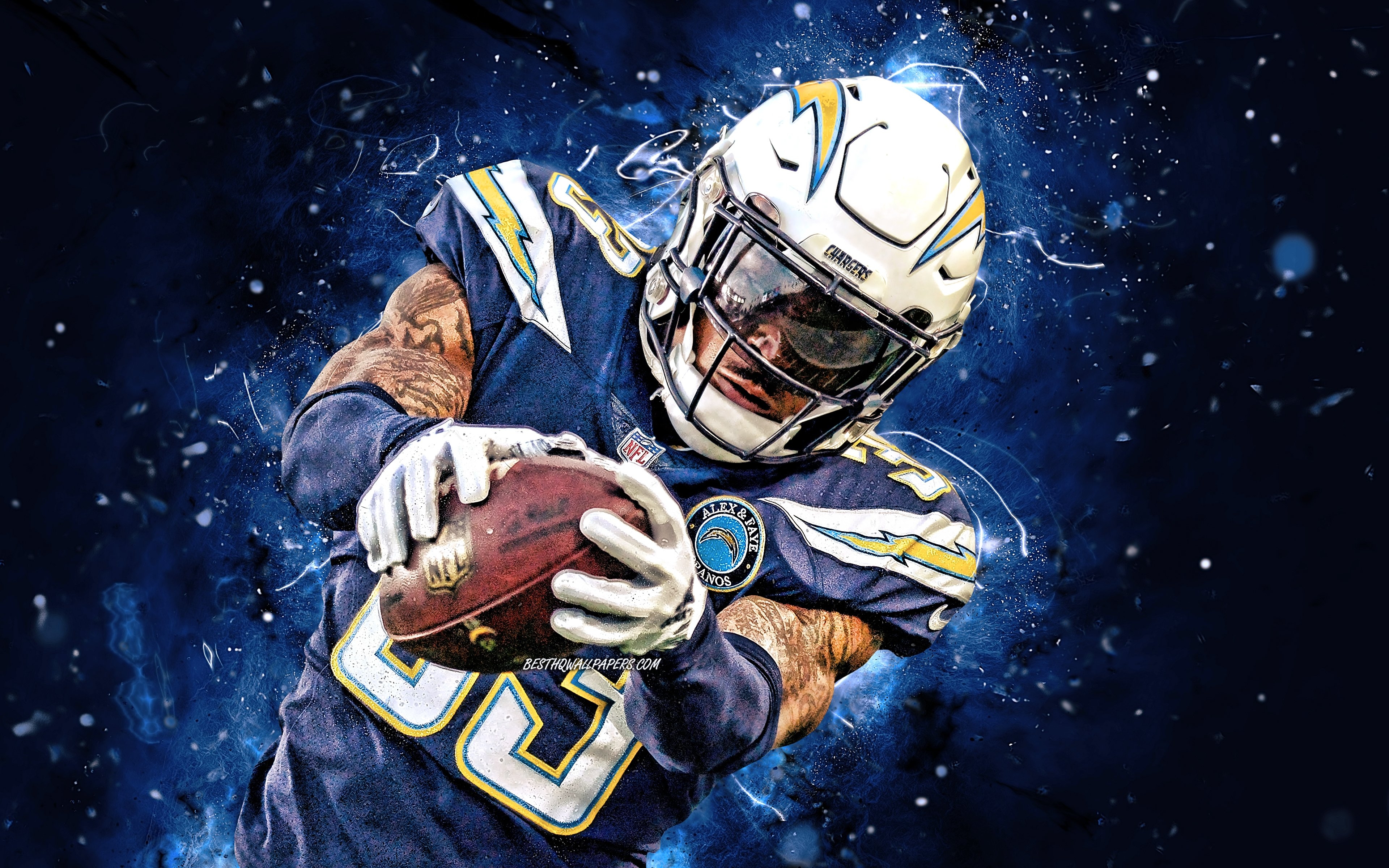 3840x2400 Download wallpaper Derwin James, 4k, NFL, strong safety, Los Angeles Chargers, american football, Derwin Alonzo James Jr, LA Chargers, National Football League, neon lights, Derwin James LA Chargers for desktop with resolution, Desktop