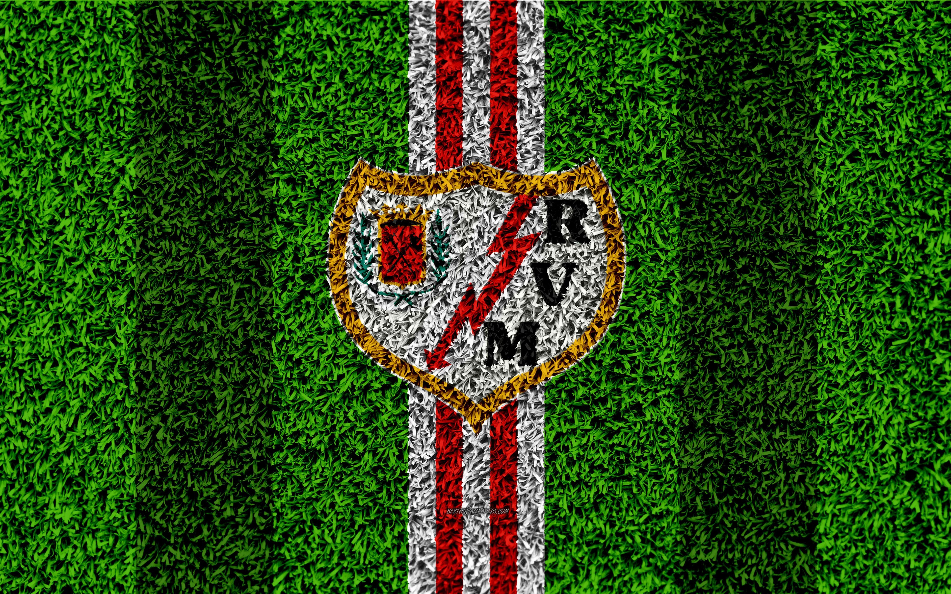 3840x2400 Download wallpaper FC Rayo Vallecano, logo, 4k, football lawn, Desktop