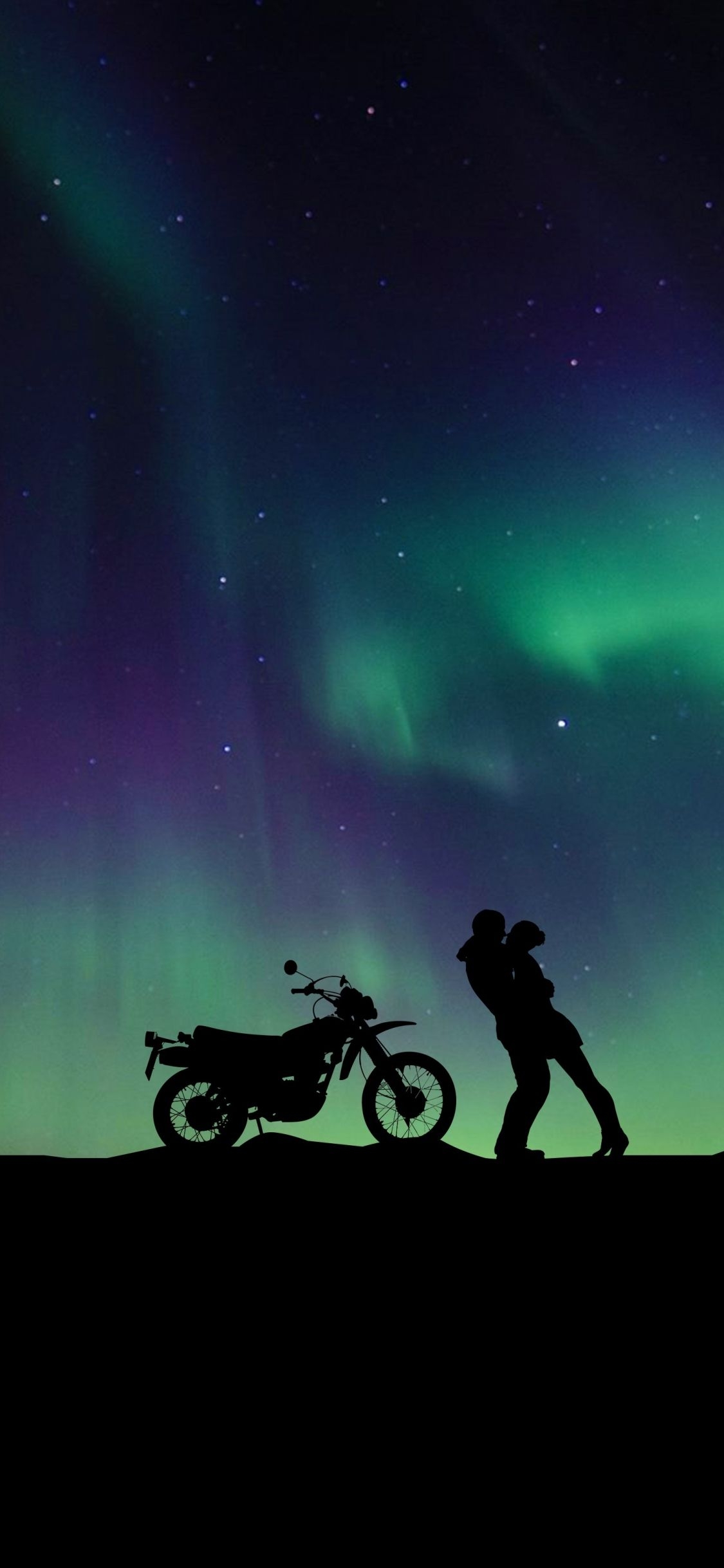 1130x2440 Download  wallpaper couple, aurora borealis, motorcycle, hug, iphone x  HD image, background, 8075, Phone