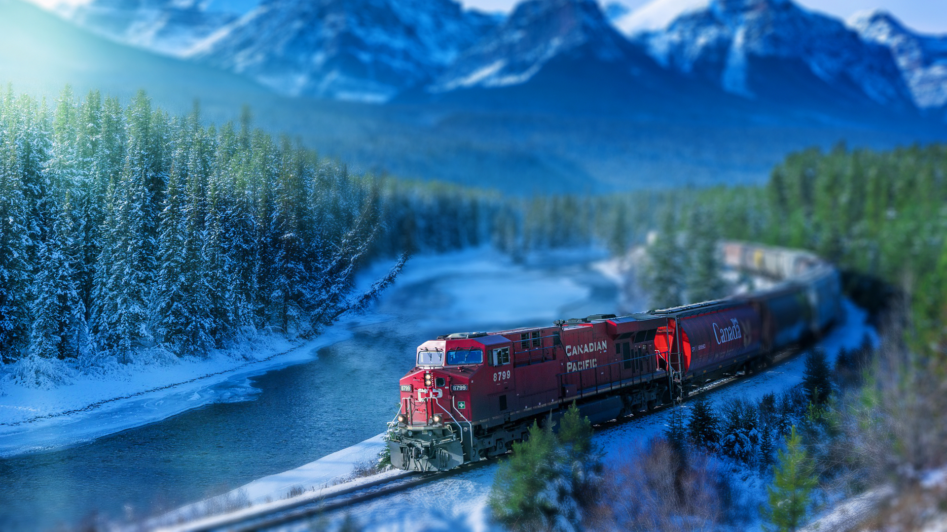 1920x1080 #railroad track, #landscape, #winter, #river, #tilt shift, #mountains, #train, #snow, wallpaper HD Wallpaper, Desktop