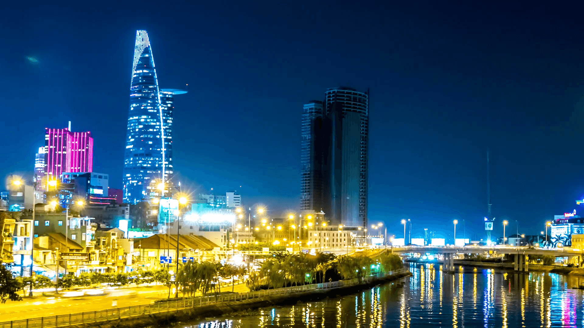 1920x1080 View of the river in Ho Chi Minh City at night Stock Video Footage, Desktop