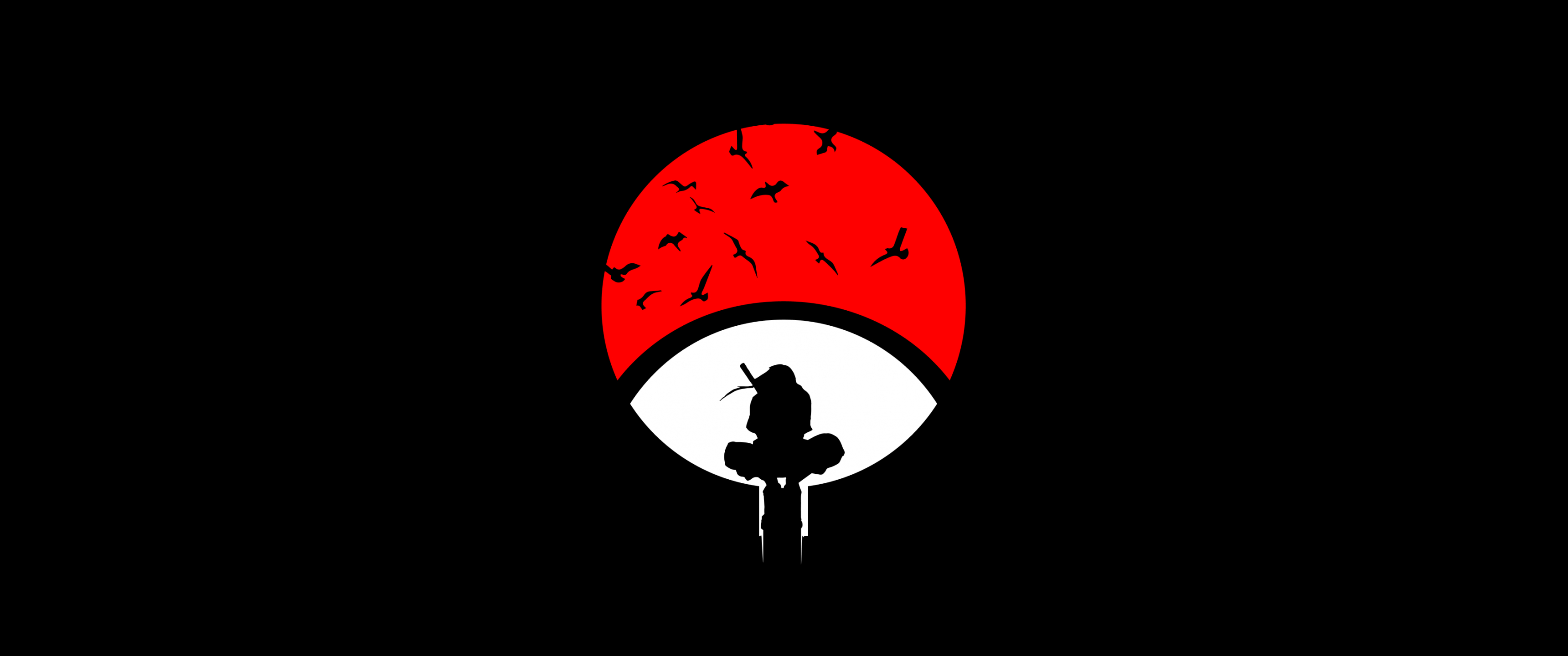 3440x1440 Itachi Uchiha Wallpaper 4K, Naruto, Black Background, Minimal Art, AMOLED, Black Dark, Dual Screen