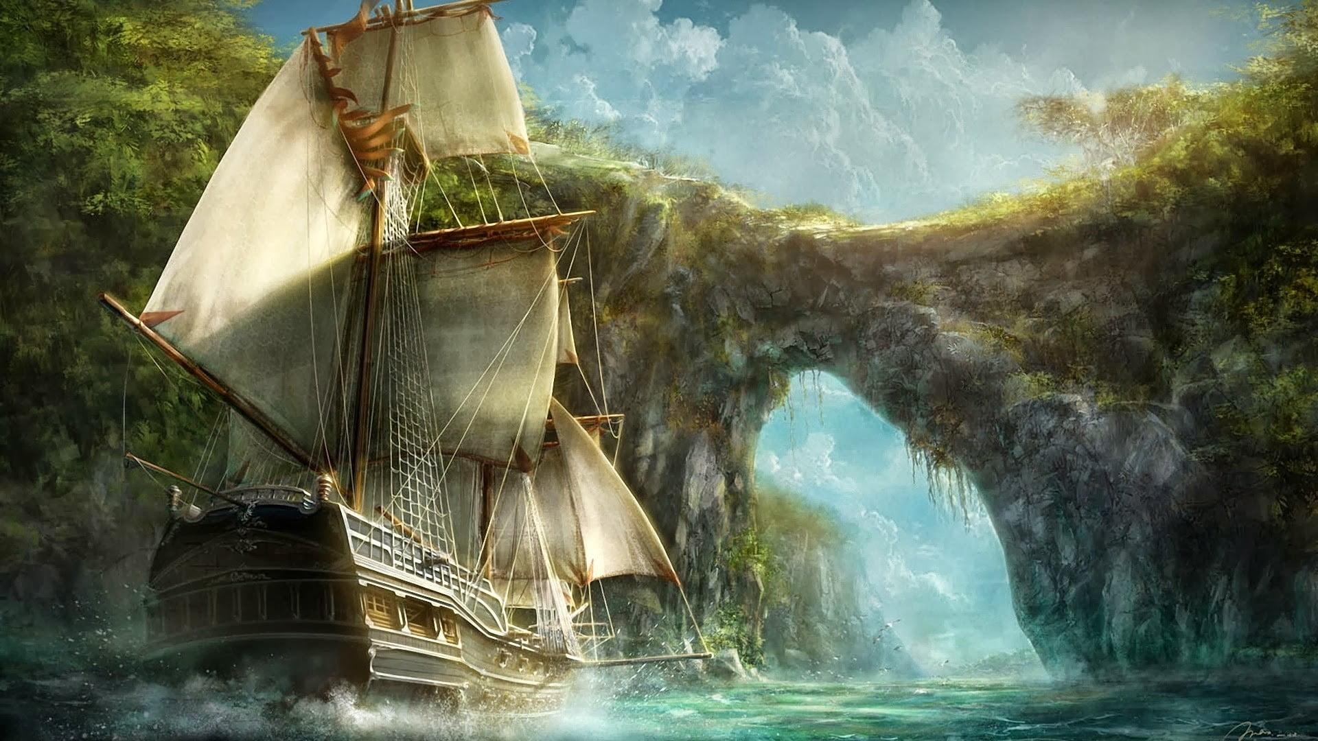 1920x1080 White and brown sailing boat painting, fantasy art, ship, nature, Desktop