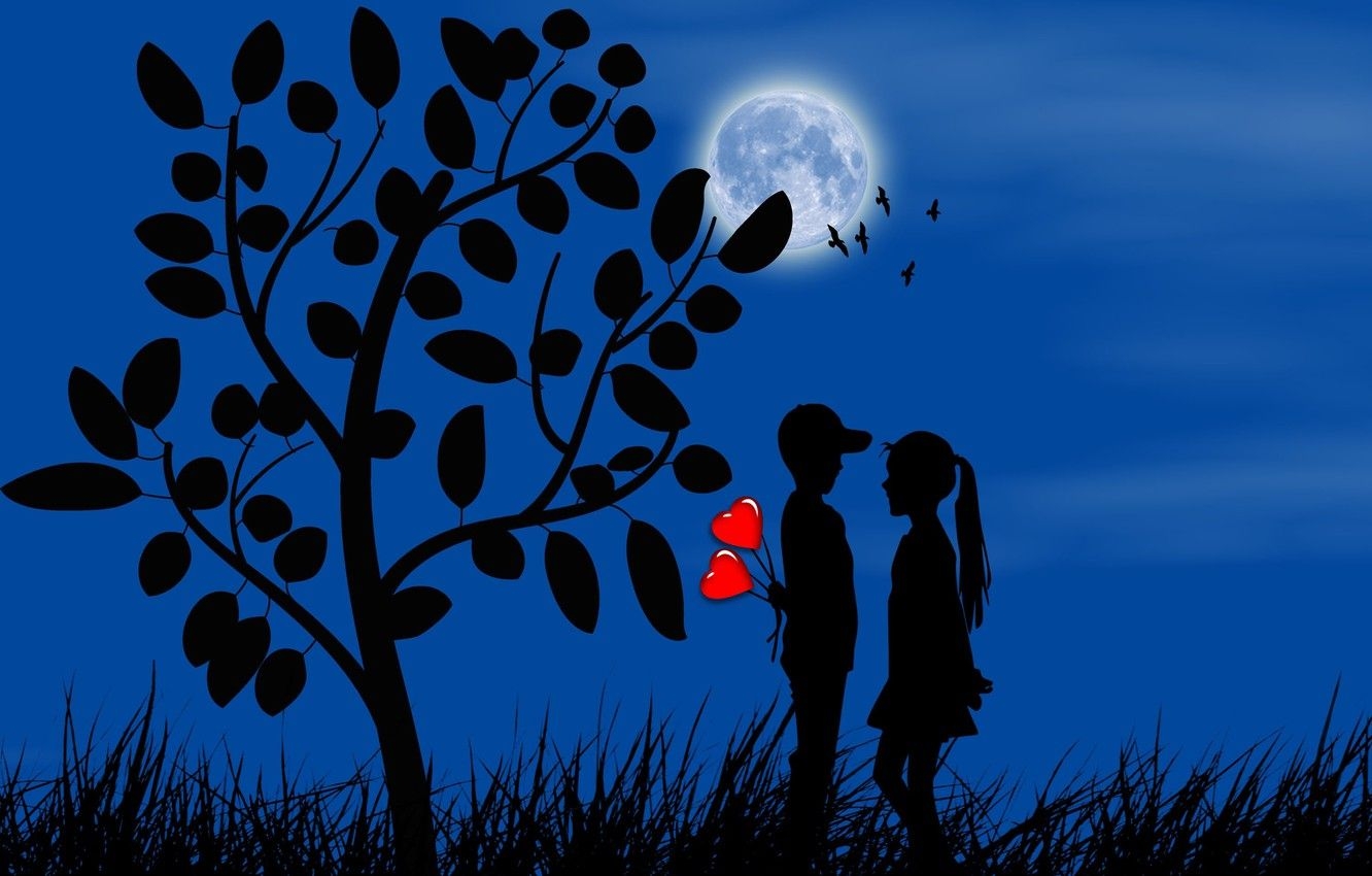 1340x850 Wallpaper the moon, romance, boy, girl, hearts, silhouettes, date, first love image for desktop, section разное, Desktop