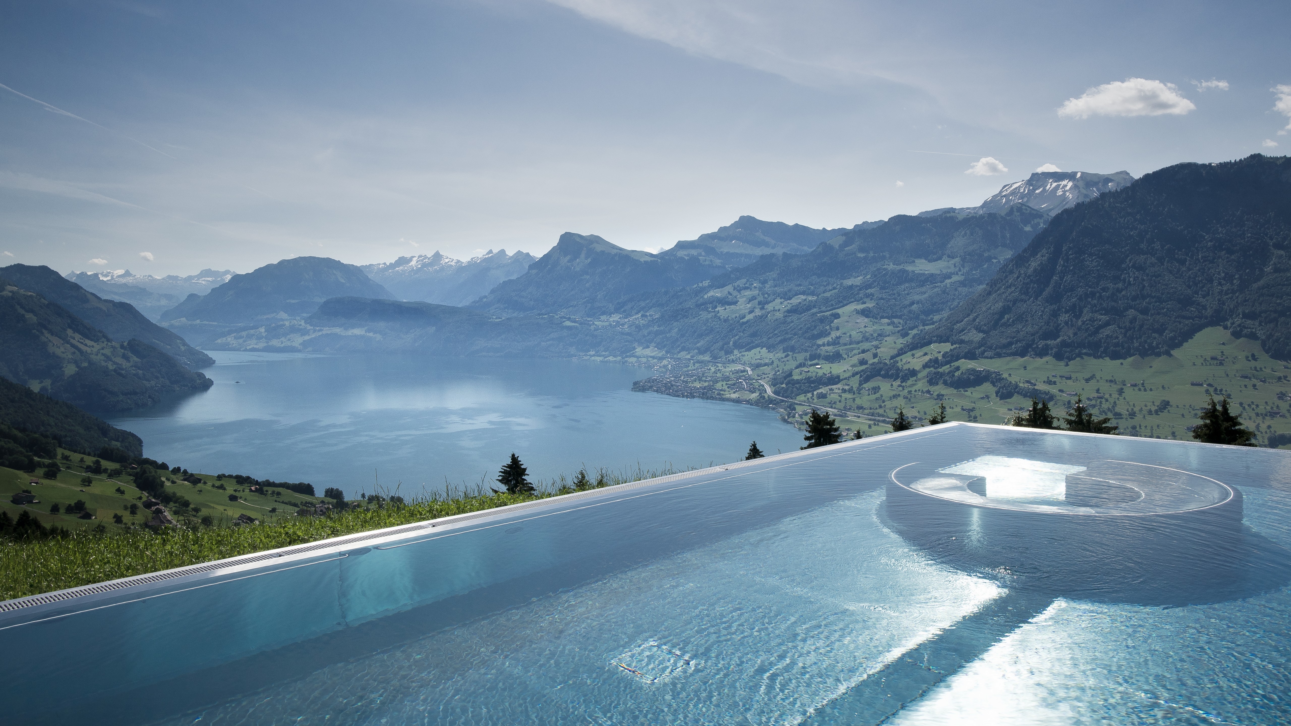 5120x2880 Wallpaper Hotel Villa Honegg, 5k, 4k wallpaper, 8k, Bürgenstock, Switzerland, infinity pool, pool, travel, tourism, Nature, Desktop