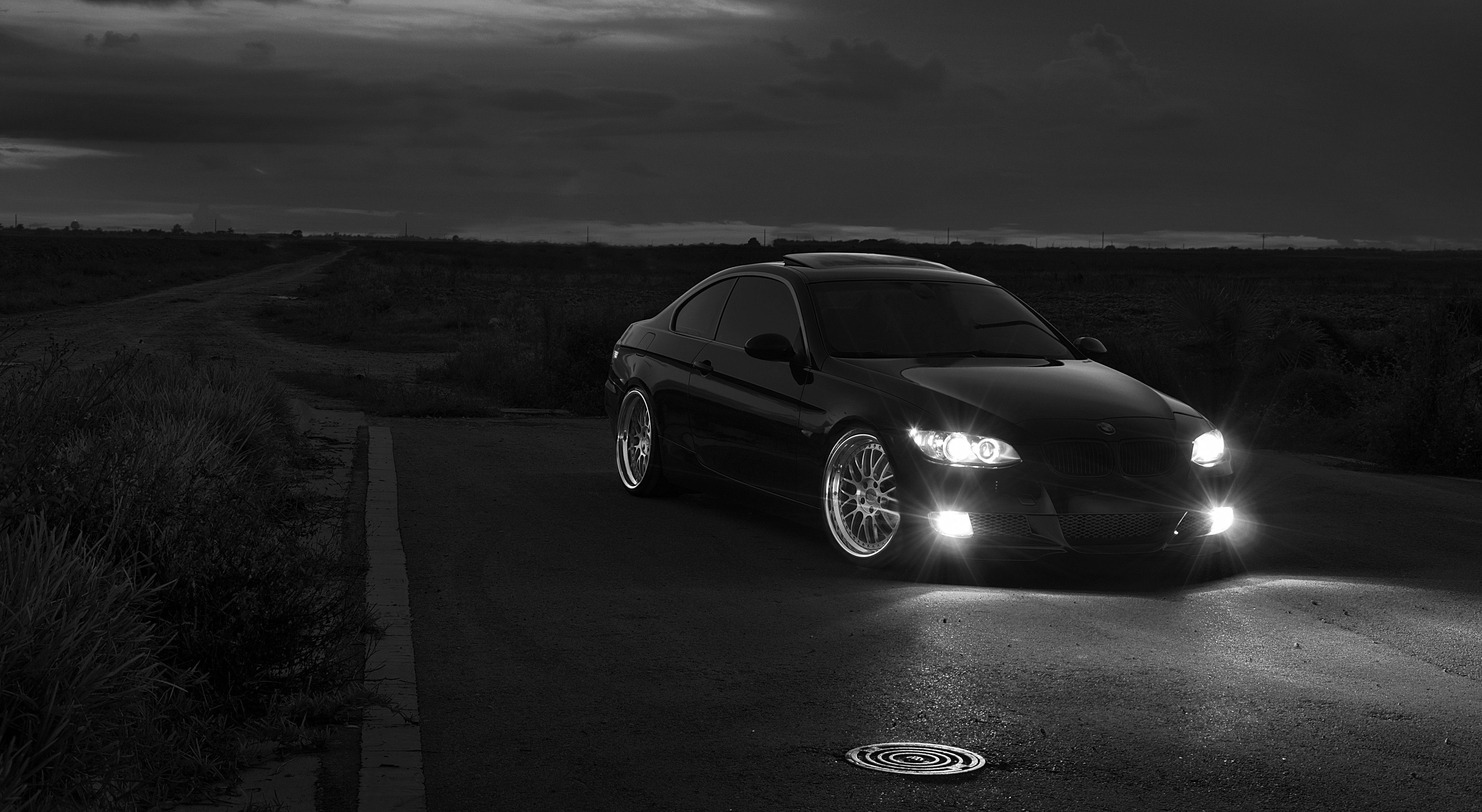 4290x2350 BMW, night, cars, grayscale, headlights wallpaper, Desktop