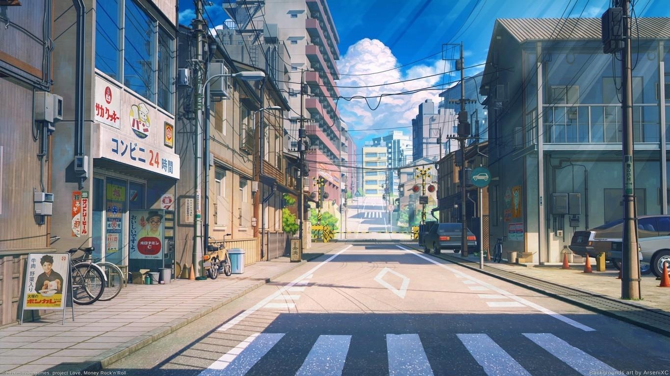 1370x770 Download  Anime Street, Scenic, Buildings, Bicycle, Desktop