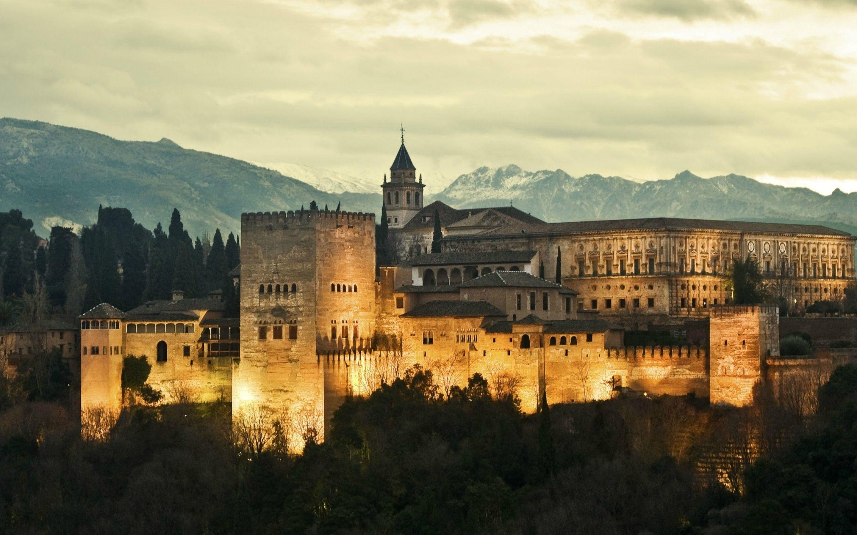 2880x1800 Download  Spain Granada, Alhambra, Castle, Lights, Desktop