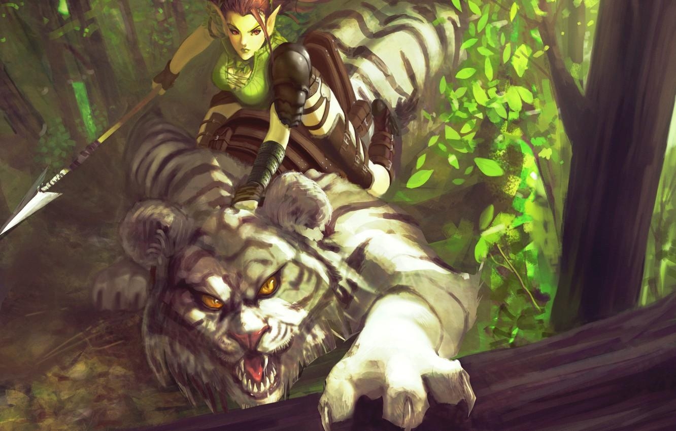 1340x850 Wallpaper forest, girl, tiger, predator, fantasy, art, elf image, Desktop