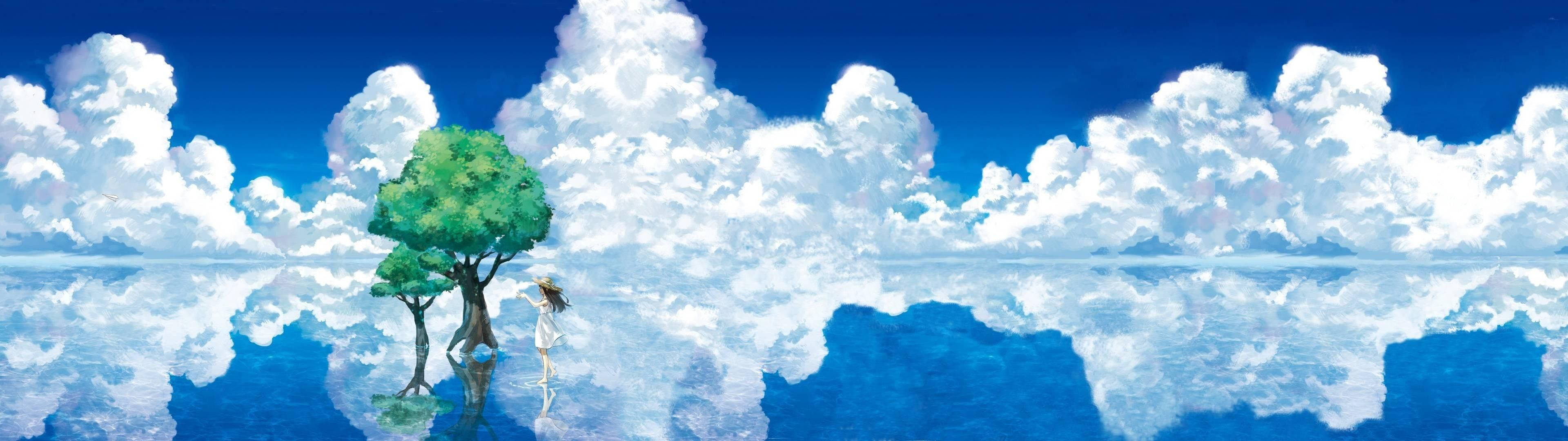 3840x1080 Download Anime Landscape Sky Dual Screen Wallpaper, Dual Screen