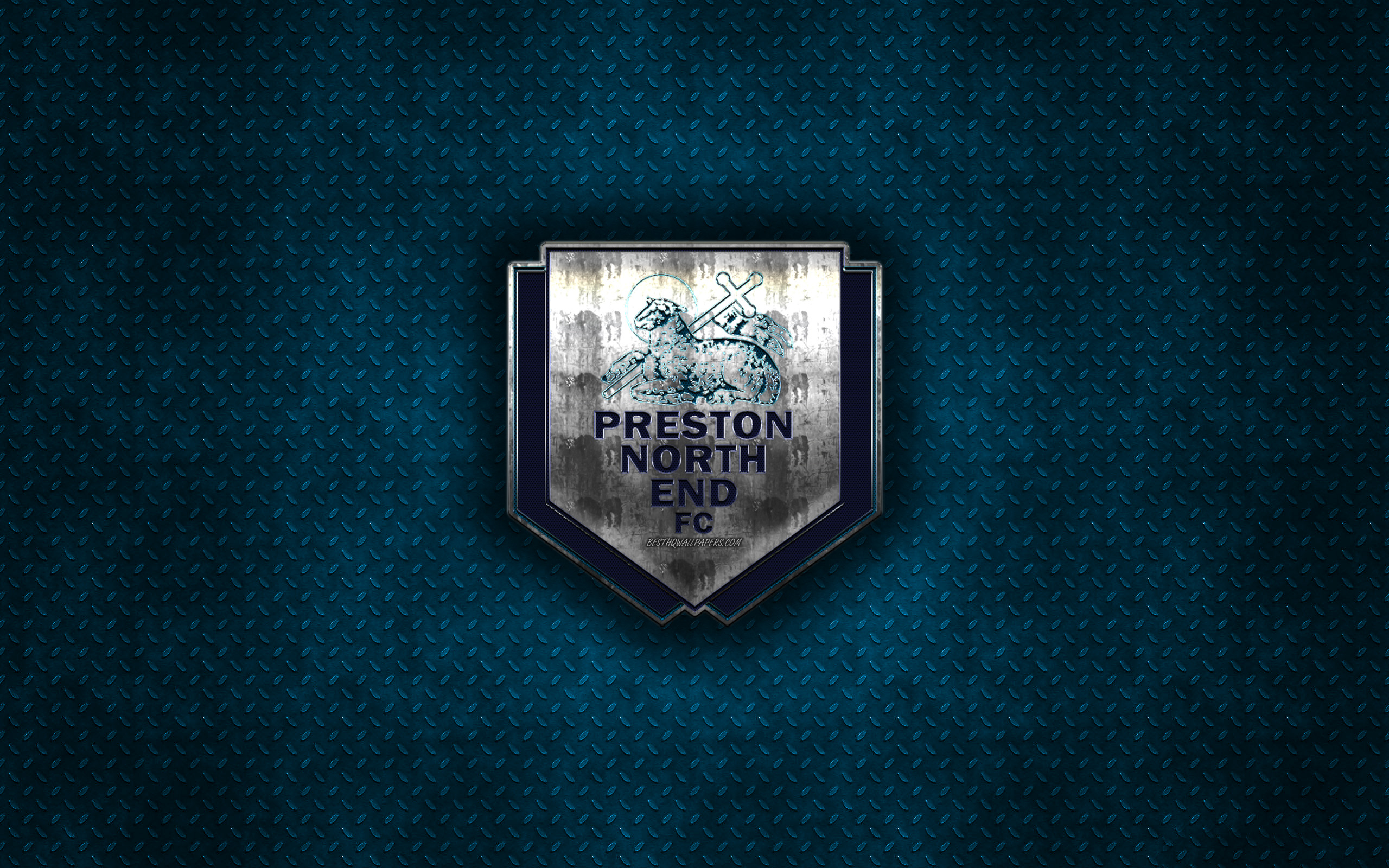 2560x1600 Download wallpaper Preston North End FC, English football club, blue metal texture, metal logo, emblem, Preston, England, EFL Championship, creative art, football for desktop with resolution. High Quality HD picture wallpaper, Desktop